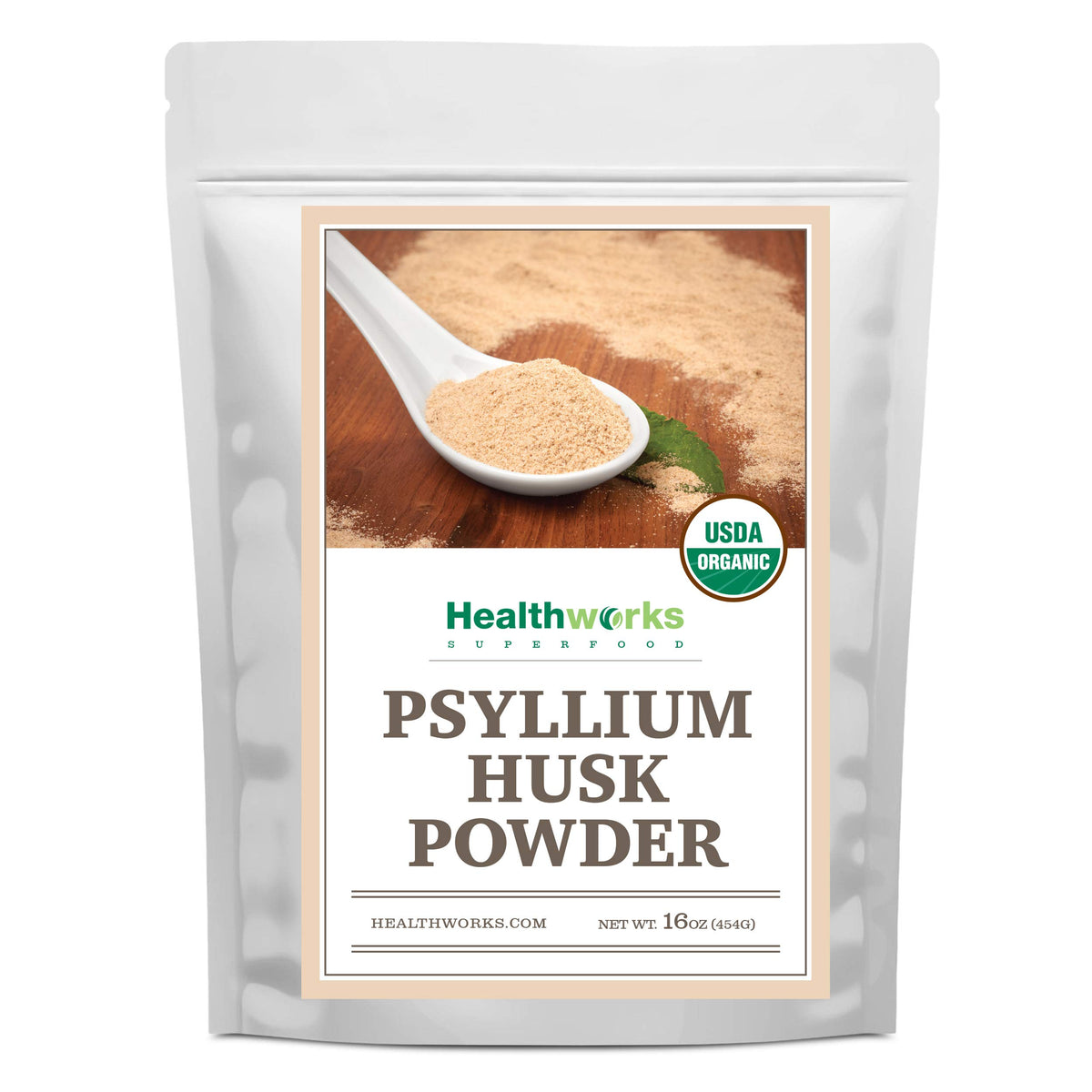 Healthworks Psyllium Husk Powder organic bottle front supports daily fiber intake.