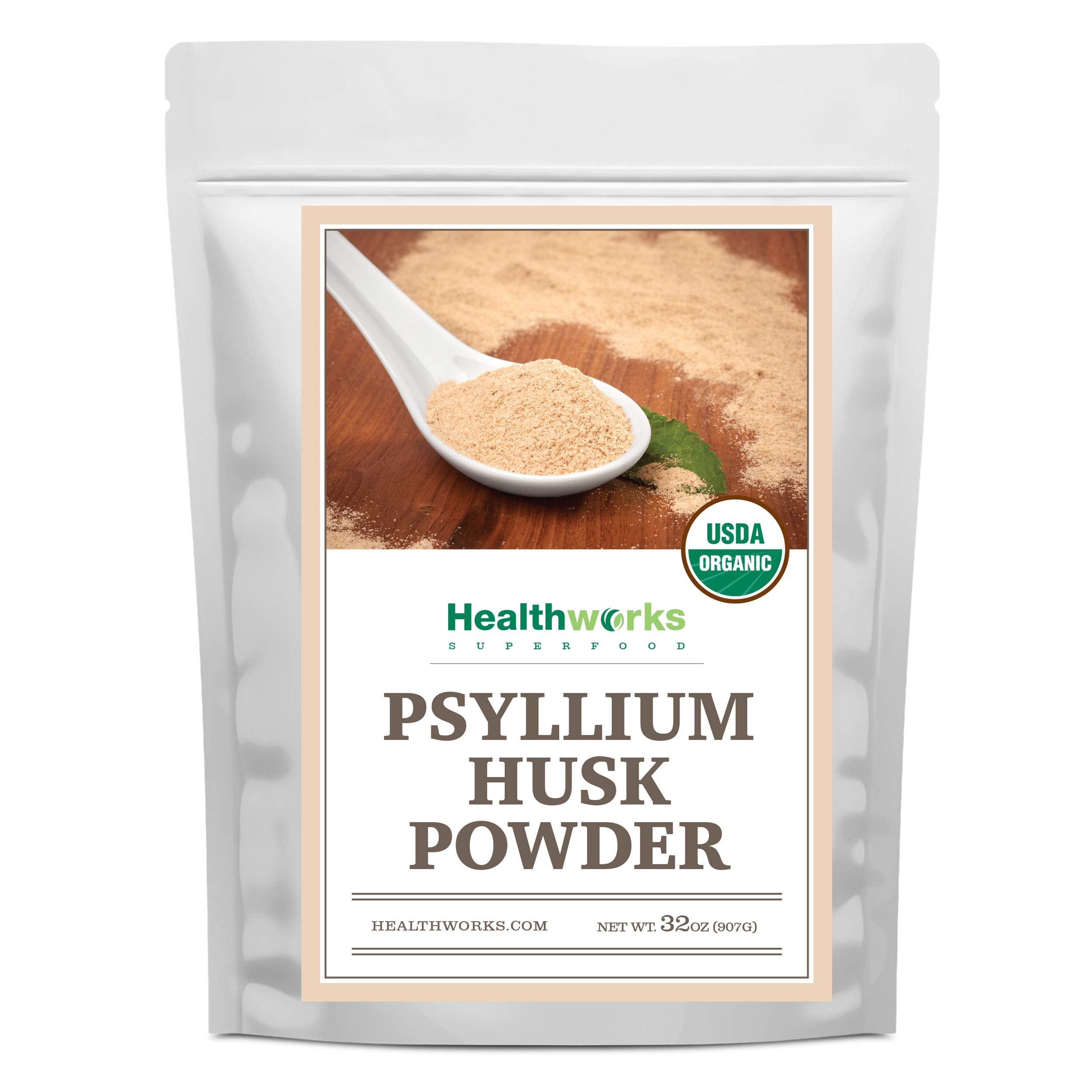Healthworks Psyllium Husk Powder organic canister front view, highlighting a fiber-rich daily option