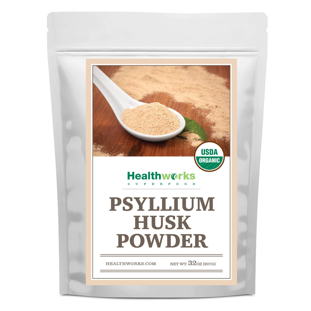 Healthworks Psyllium Husk Powder organic canister front view, highlighting a fiber-rich daily option