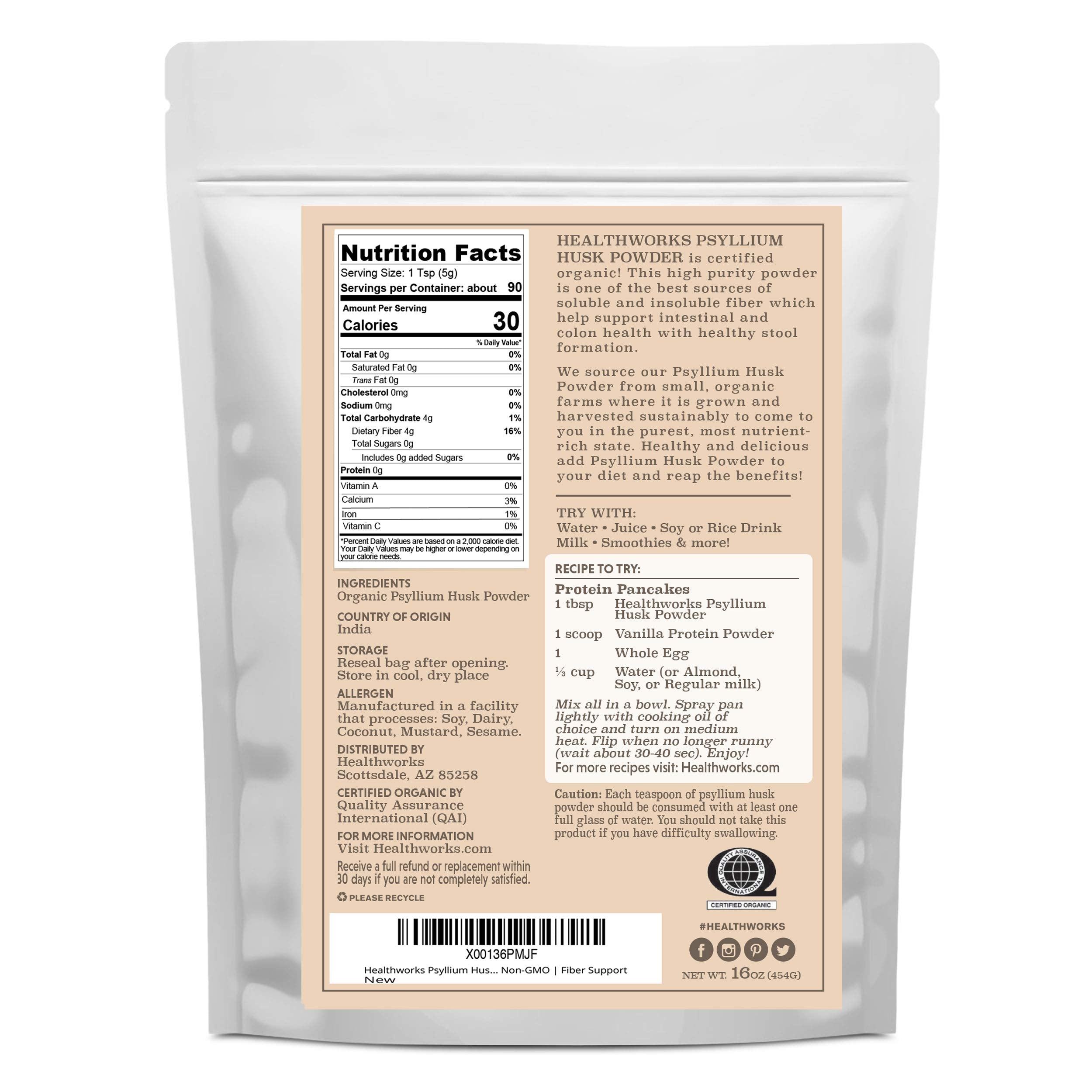 Healthworks Psyllium label closeup emphasizes organic origin and non-GMO quality.