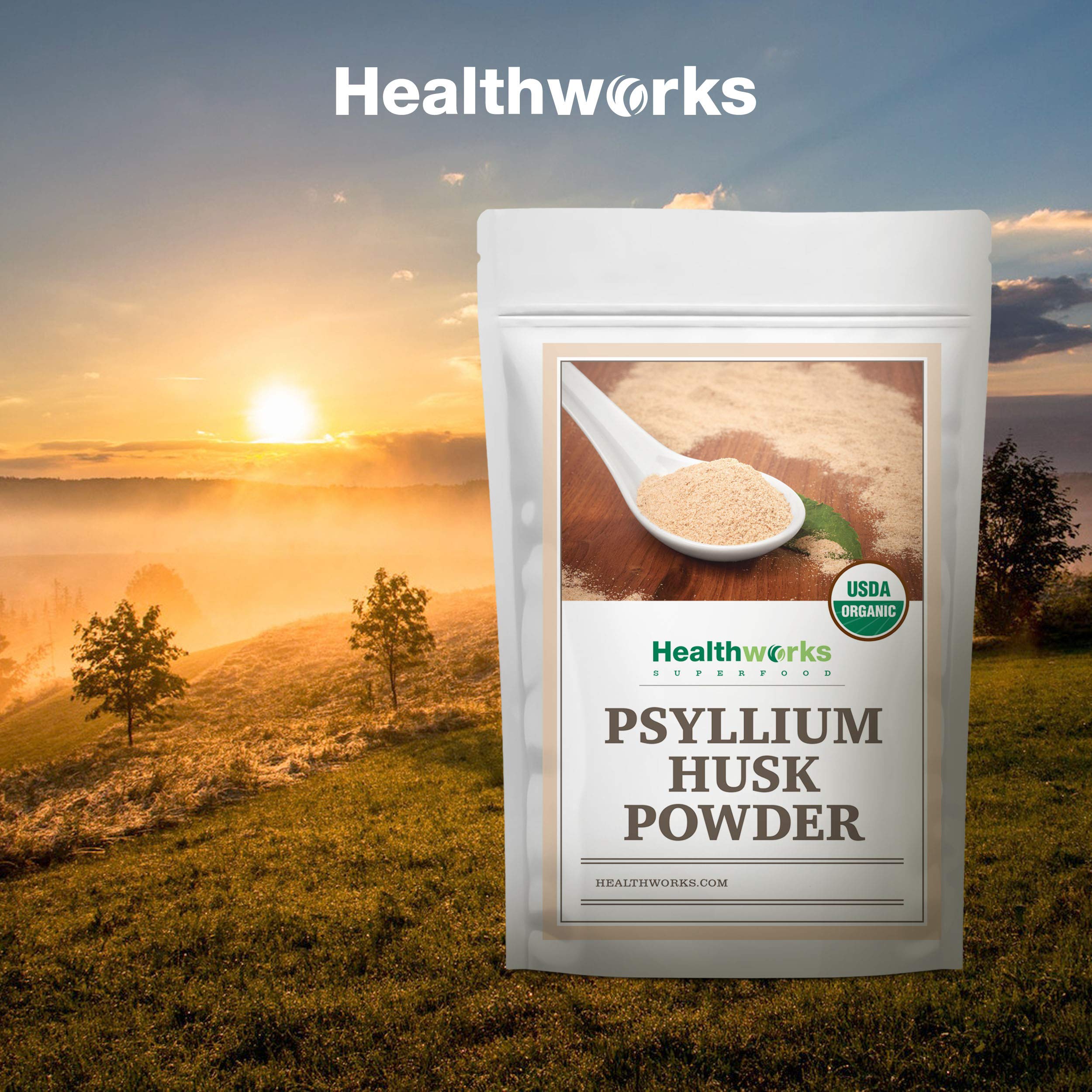 Healthworks Psyllium Husk Powder label details show organic certification and non-GMO status