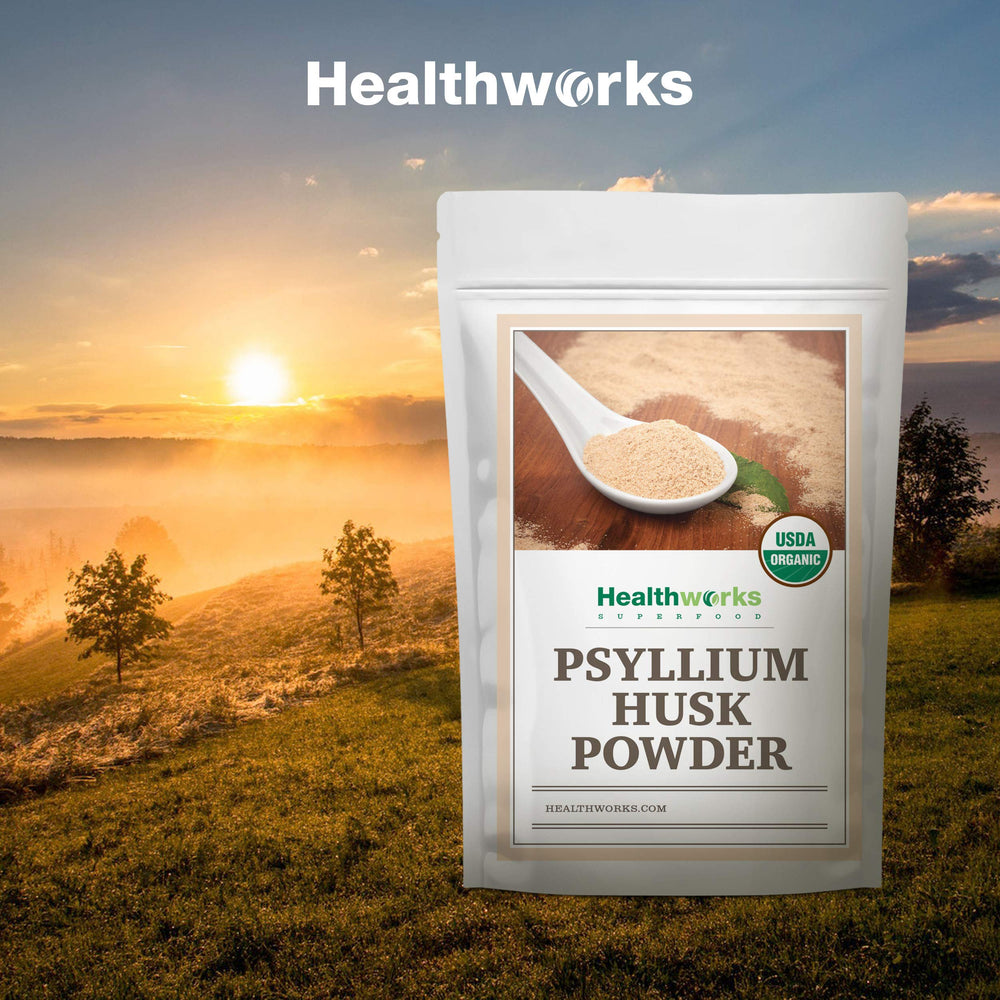 Healthworks Psyllium Husk Powder label details show organic certification and non-GMO status