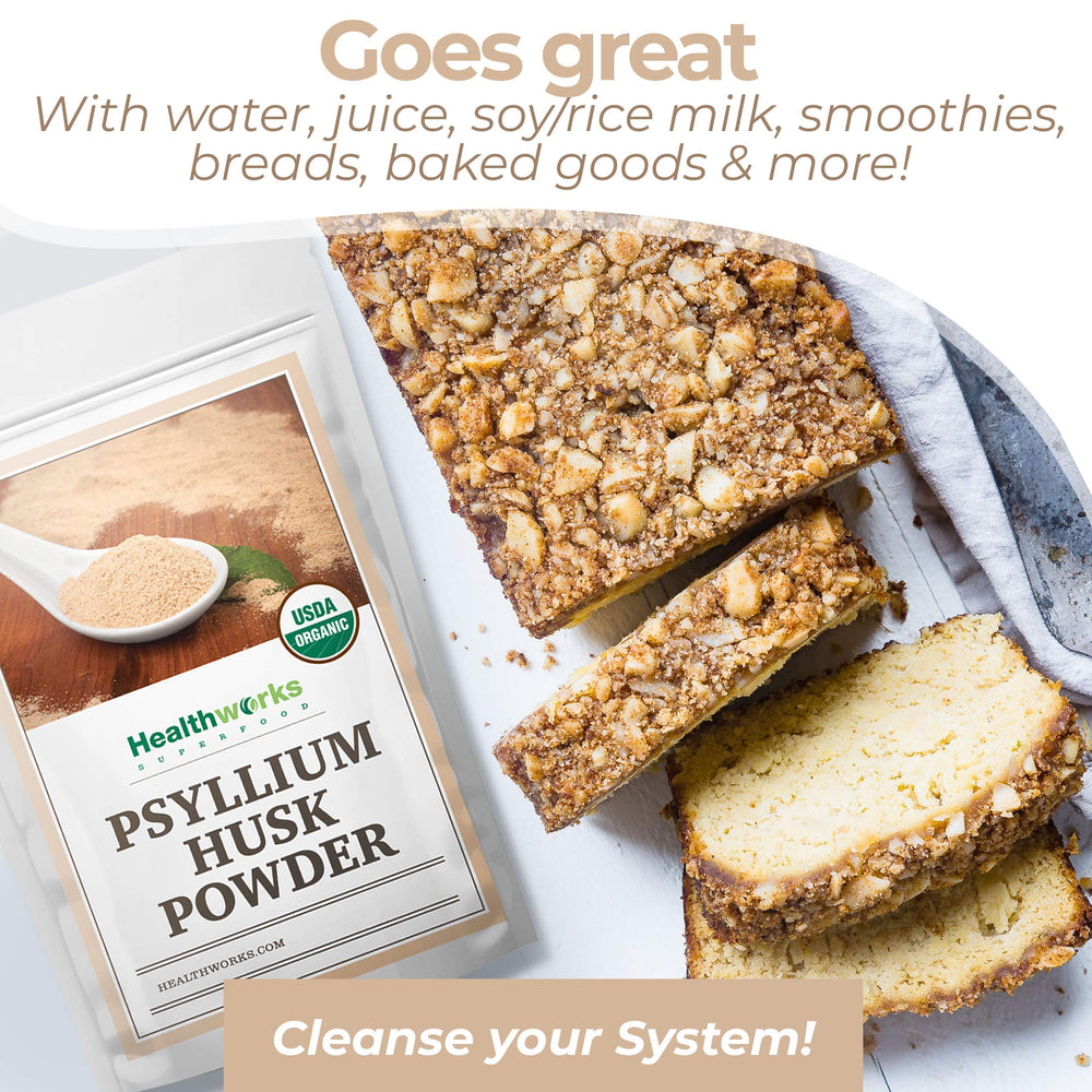 Healthworks Psyllium Husk Powder close-up of finely ground powder for quick hydration