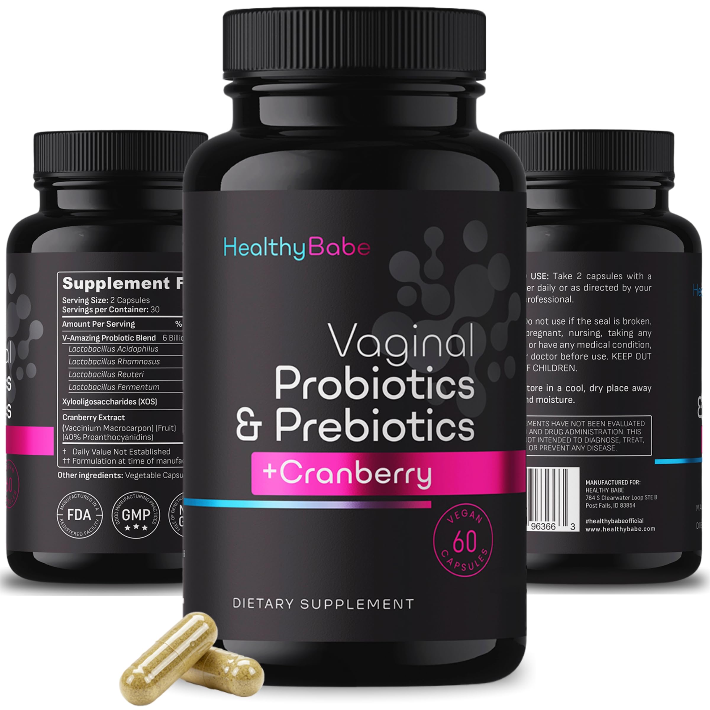 Healthy Babe vaginal probiotic bottle for balanced vaginal flora support