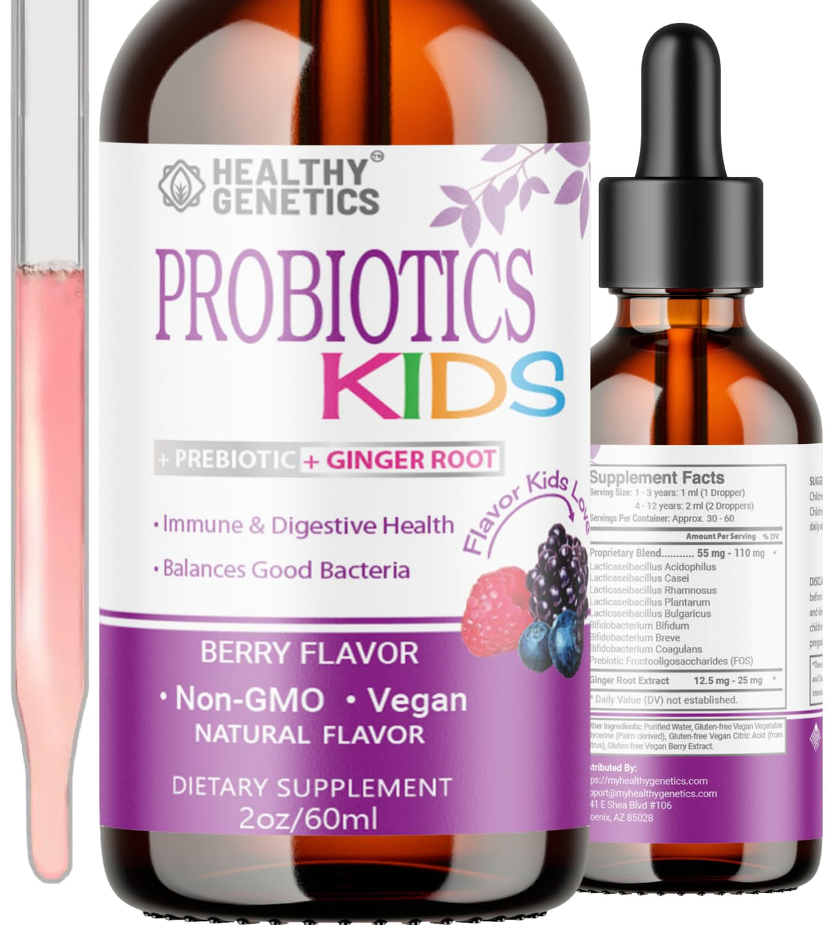 Healthy Genetics Liquid Probiotics for Kids bottle promotes gentle digestion