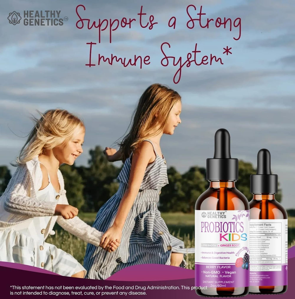 Healthy Genetics Liquid Probiotics with Ginger Root highlights natural digestive ingredient