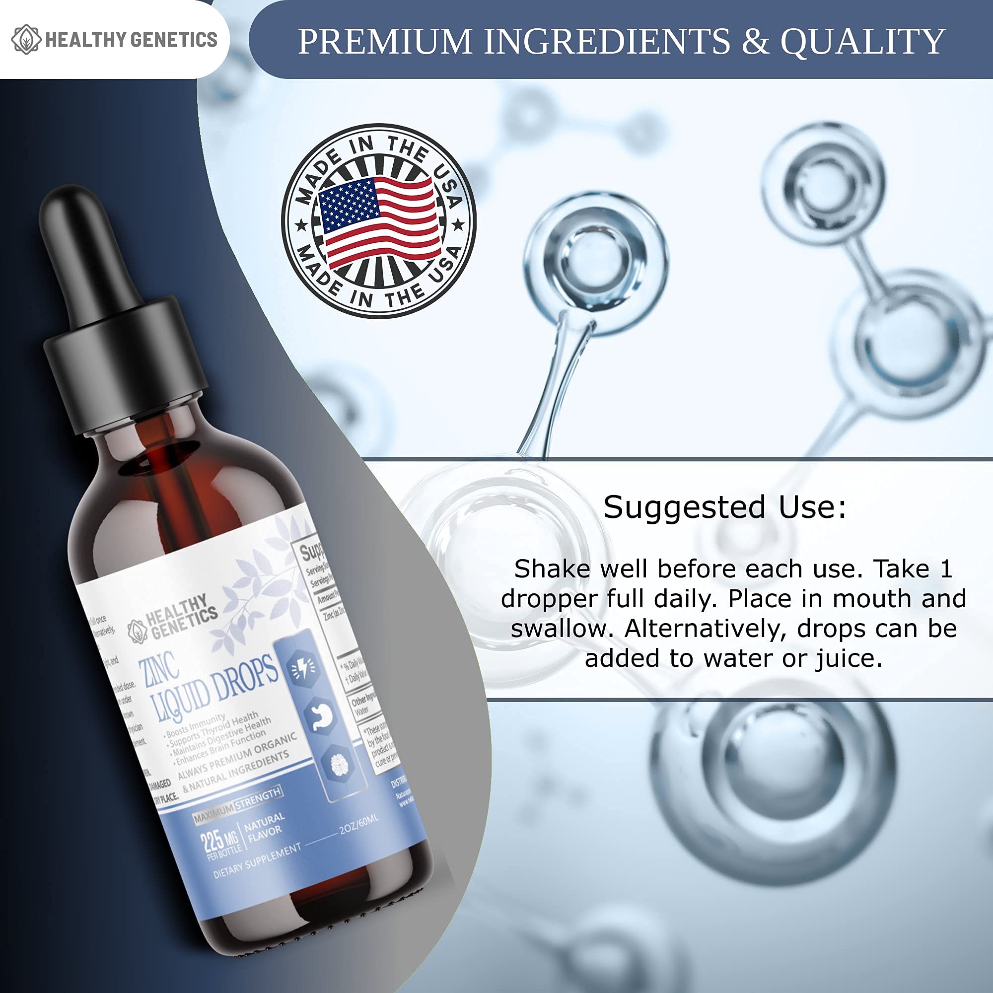 Healthy Genetics Liquid Zinc Drops poured into glass for daily use
