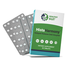Healthy Gut HistaHarmony bottle with enteric-coated tablets for gentle digestion.