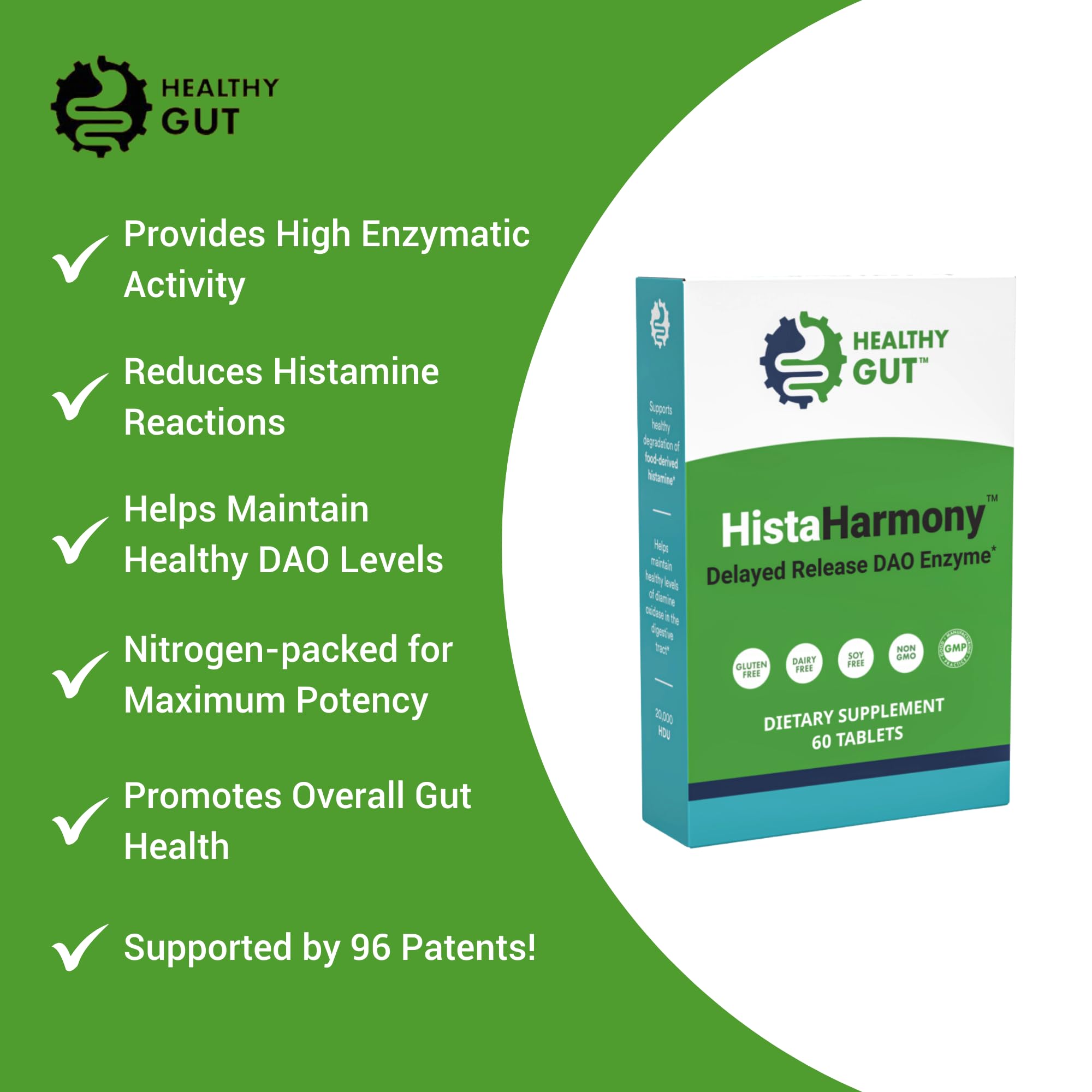 Healthy Gut HistaHarmony box and bottle on clean kitchen counter.