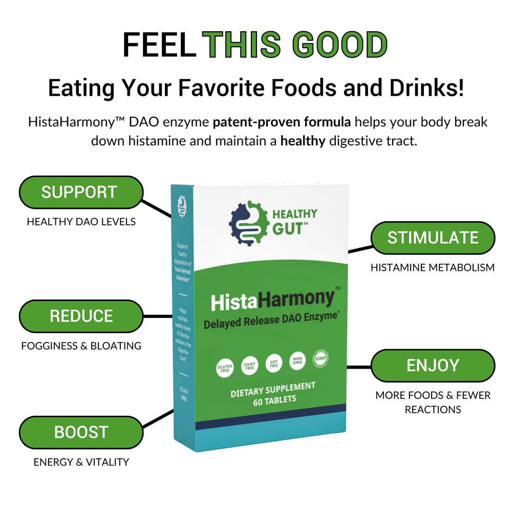 Healthy Gut HistaHarmony DAO enzymes graphic illustrating rapid histamine processing.