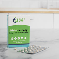 Healthy Gut HistaHarmony enteric-coated pill protecting enzymes in stomach acid.