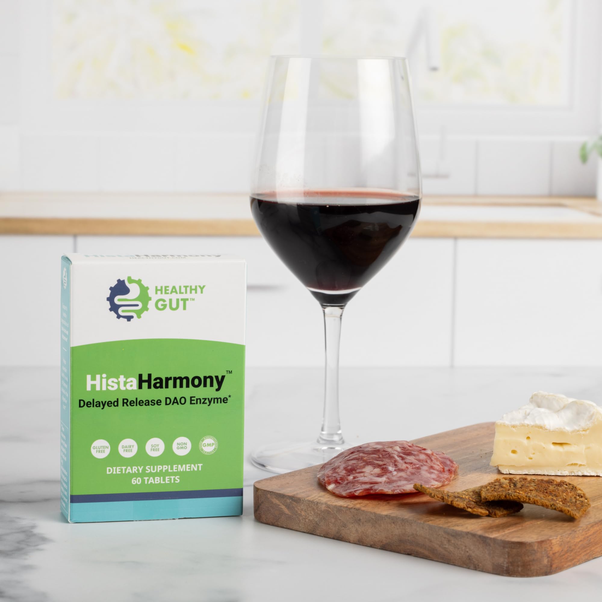 Healthy Gut HistaHarmony ingredients label showing gluten- and dairy-free formula.