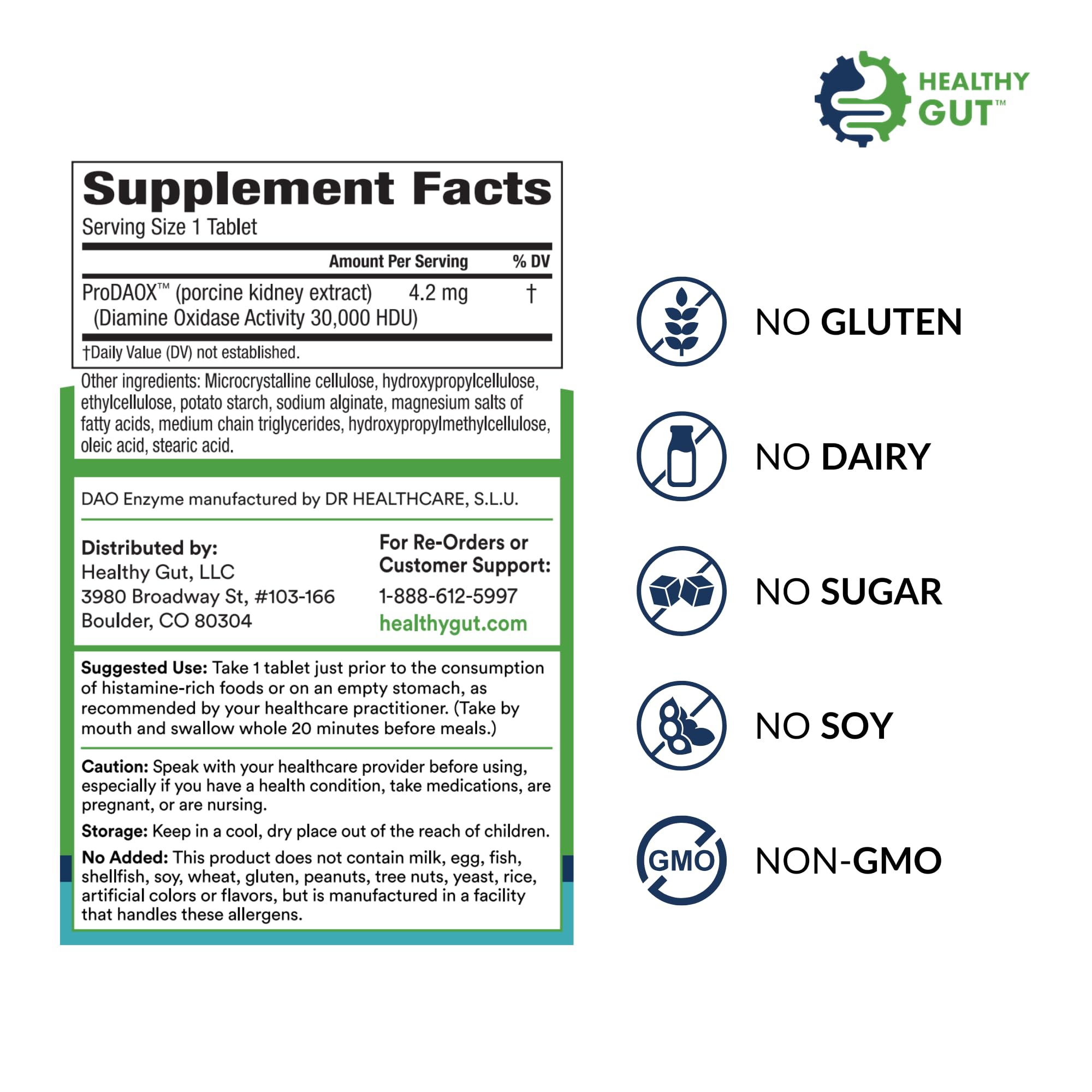 Healthy Gut HistaHarmony tablets close-up, highlighting 30,000 HDU DAO for histamine metabolism.
