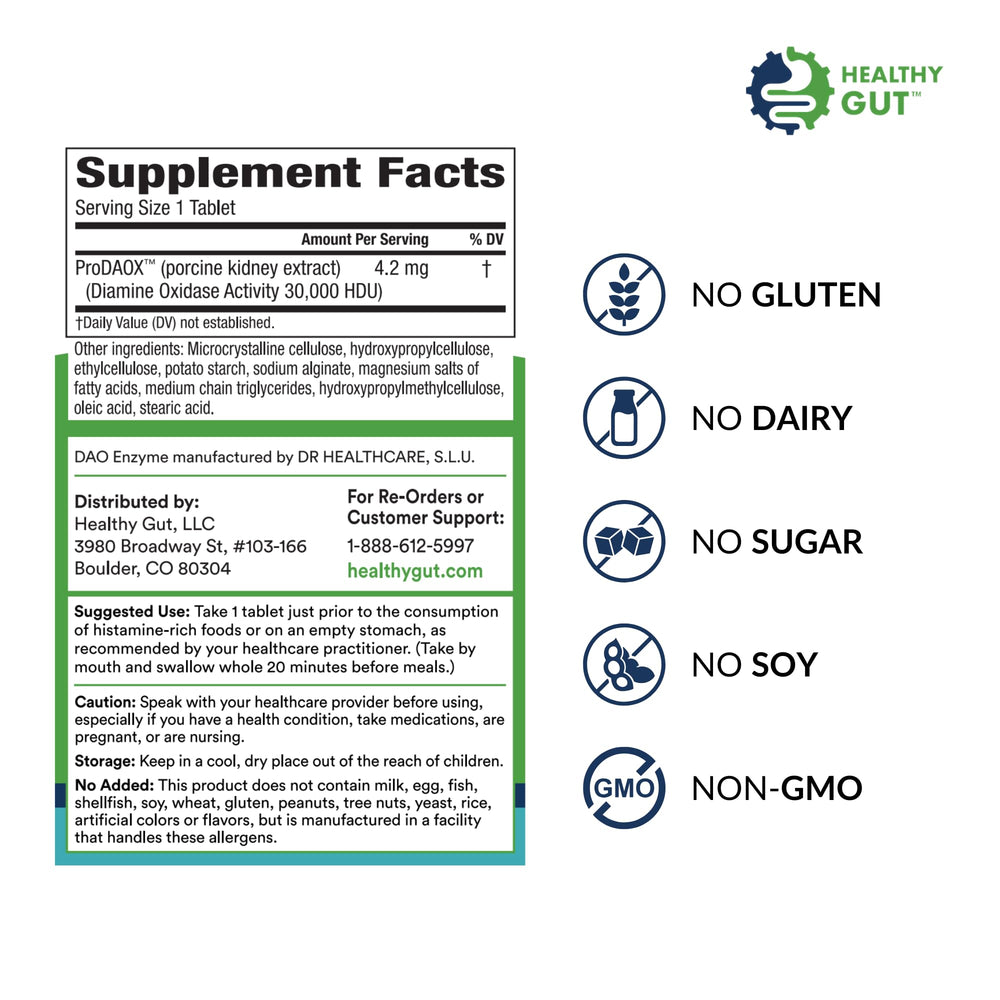Healthy Gut HistaHarmony tablets close-up, highlighting 30,000 HDU DAO for histamine metabolism.