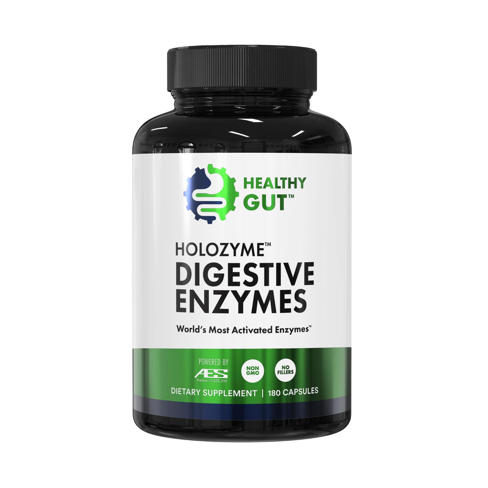 Healthy Gut HoloZyme Max bottle of capsules promotes digestion after meals.