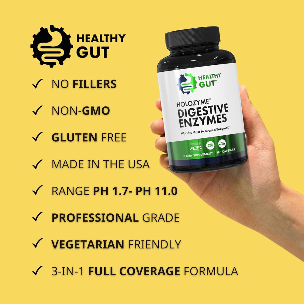 Healthy Gut HoloZyme Max close-up on glass bottle.