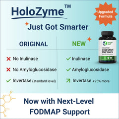 Healthy Gut HoloZyme Max ingredients panel shows Inulinase and Lactase.