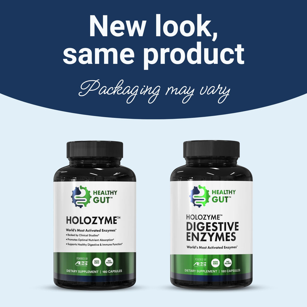 Healthy Gut HoloZyme Max label highlights key enzymes for digestion support.