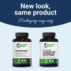 Healthy Gut HoloZyme Max label highlights key enzymes for digestion support.