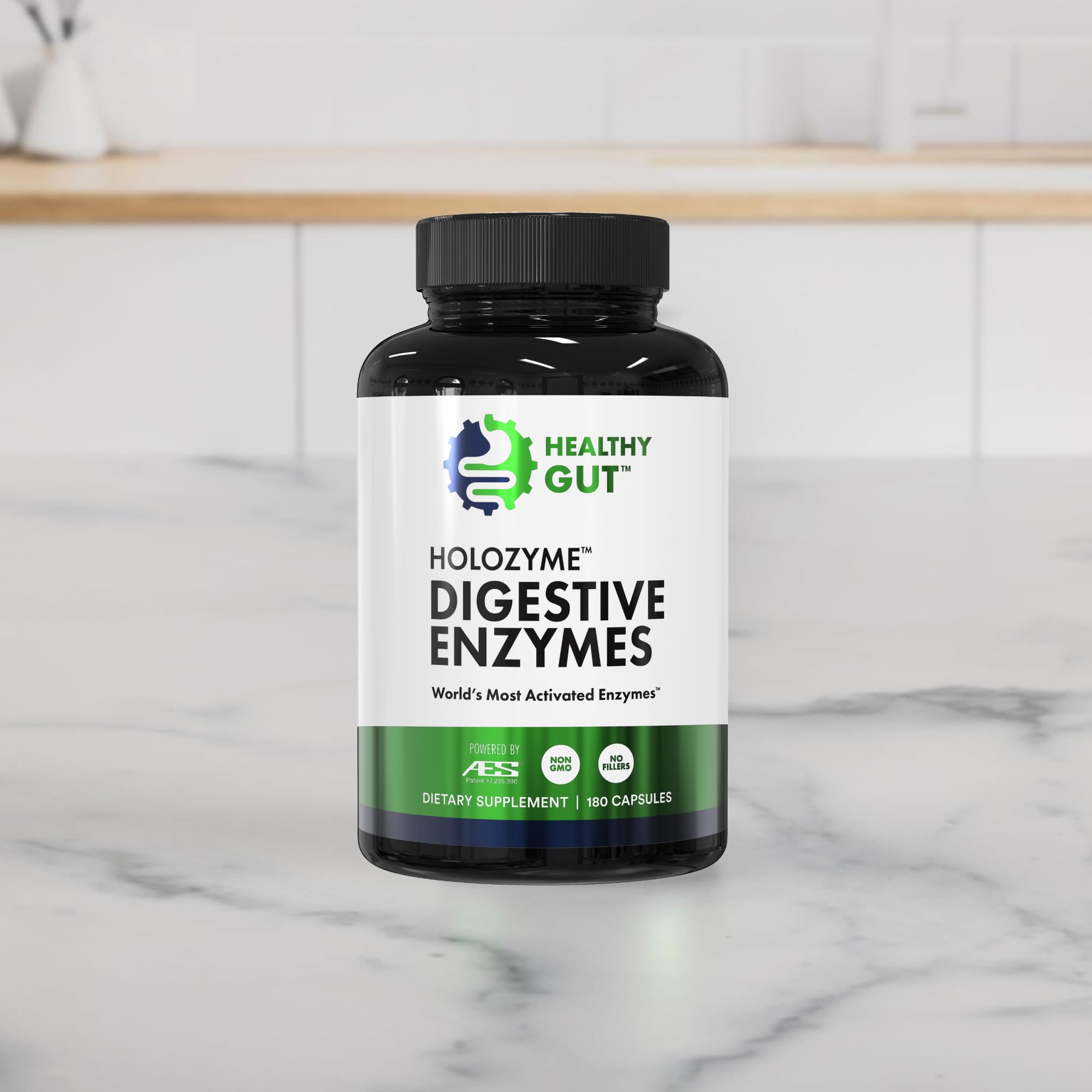 Healthy Gut HoloZyme Max made in USA seal on packaging.