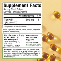 Healthy Gut Tributyrin-X bottle back with supplement facts for transparency and trust.