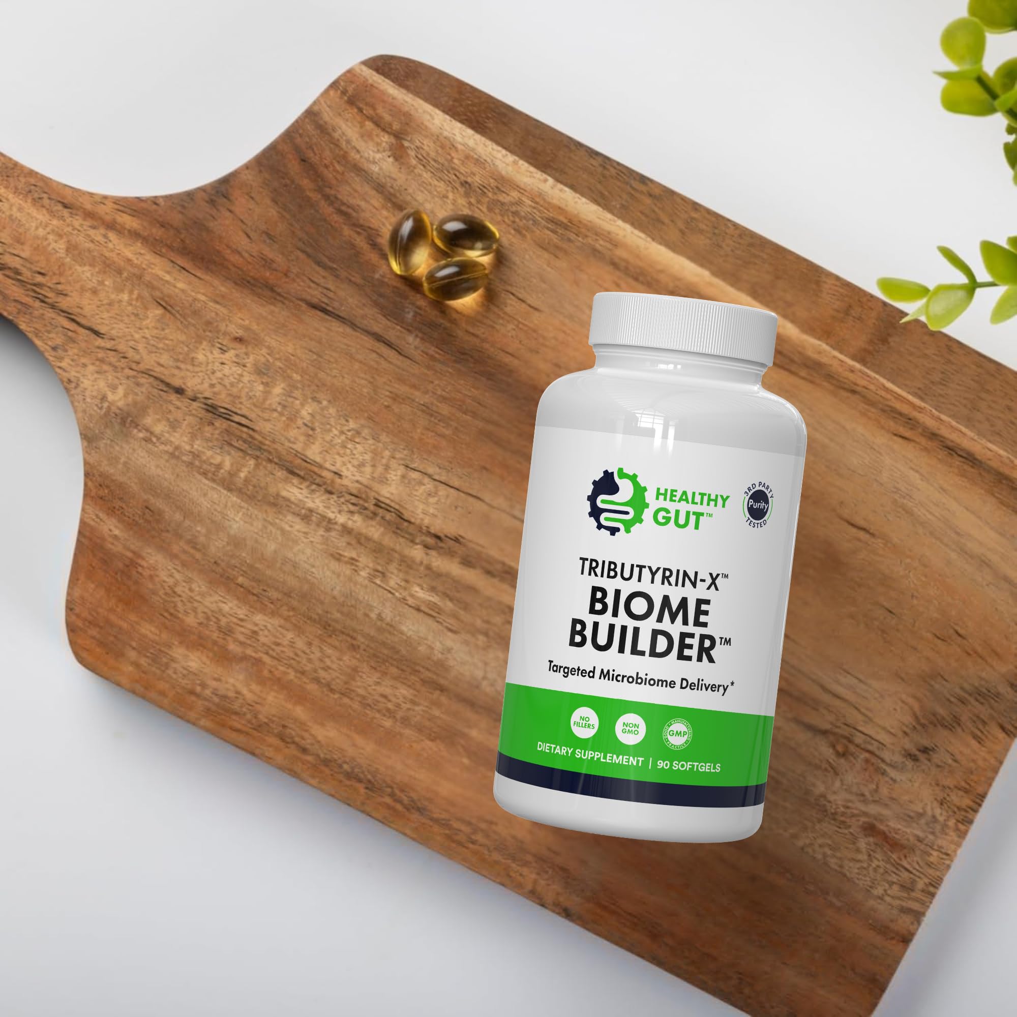 Healthy Gut Tributyrin-X bottle with easy drop opening for convenient dosing.