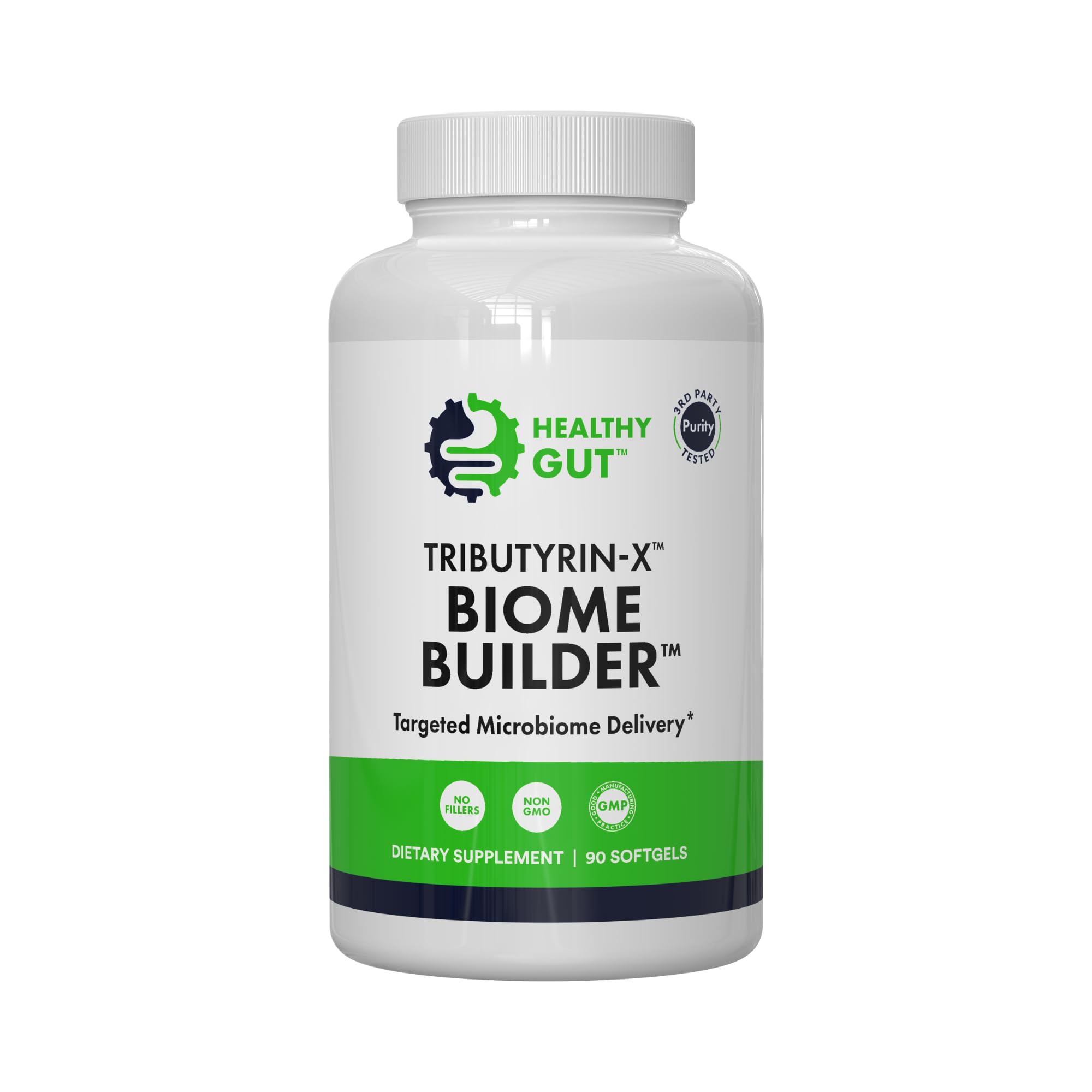 Healthy Gut Tributyrin-X bottle front shows odorless postbiotic for gut support.