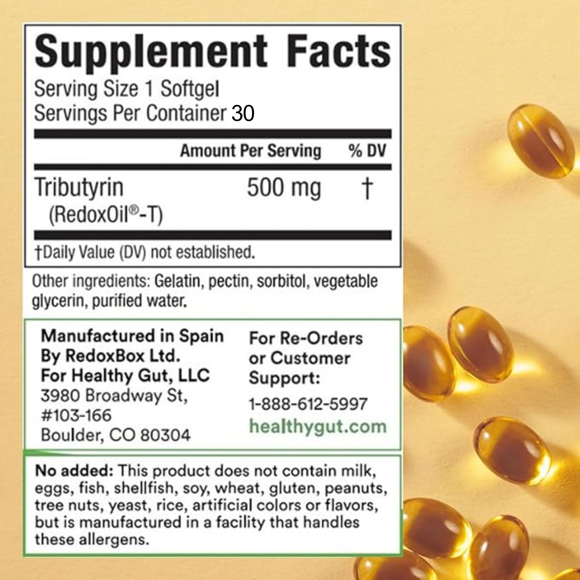 Healthy Gut Tributyrin-X capsule closeup shows tiny odorless gel capsules.