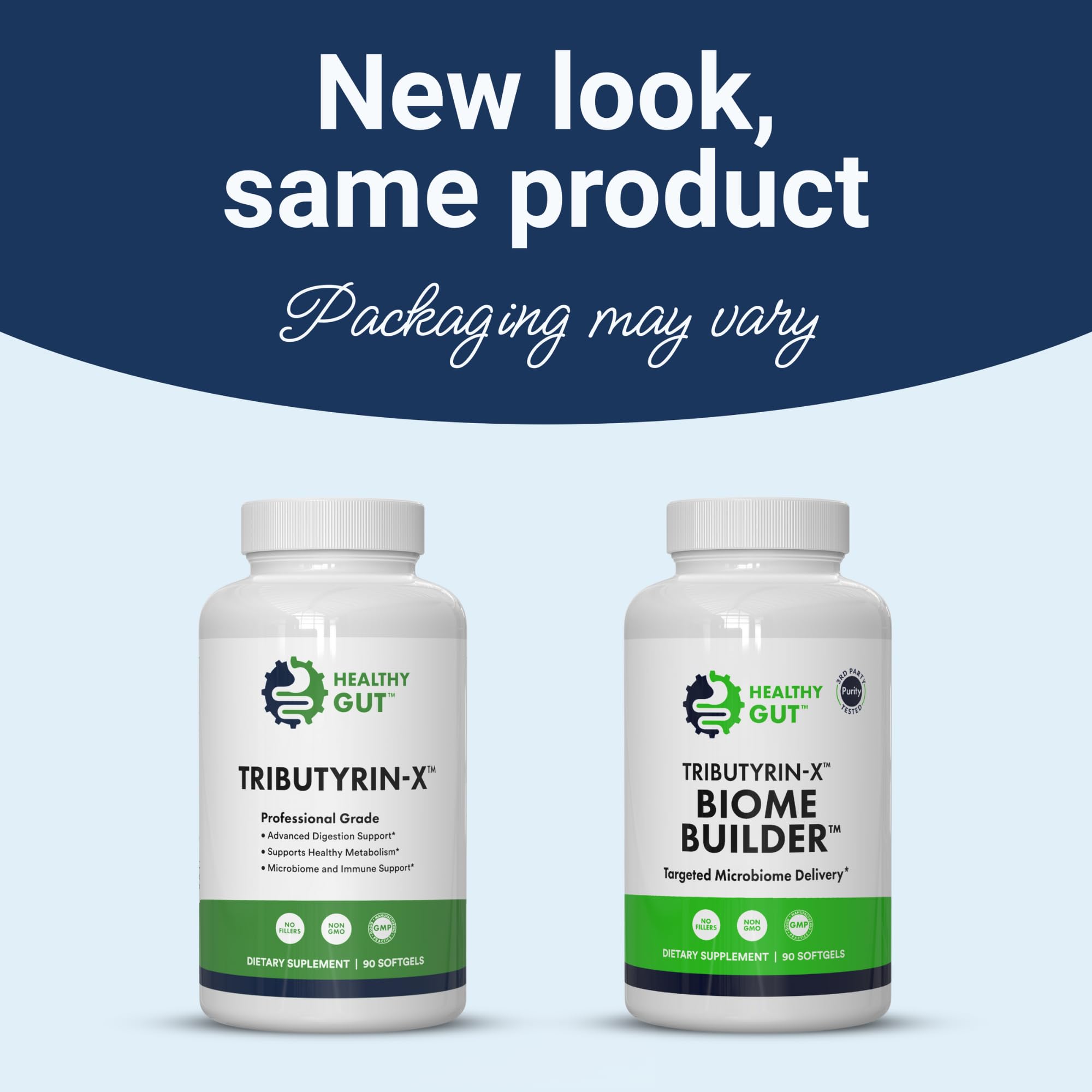 Healthy Gut Tributyrin-X capsules closeup, ultra-pure liquid tributyrin in easy-to-swallow softgels.