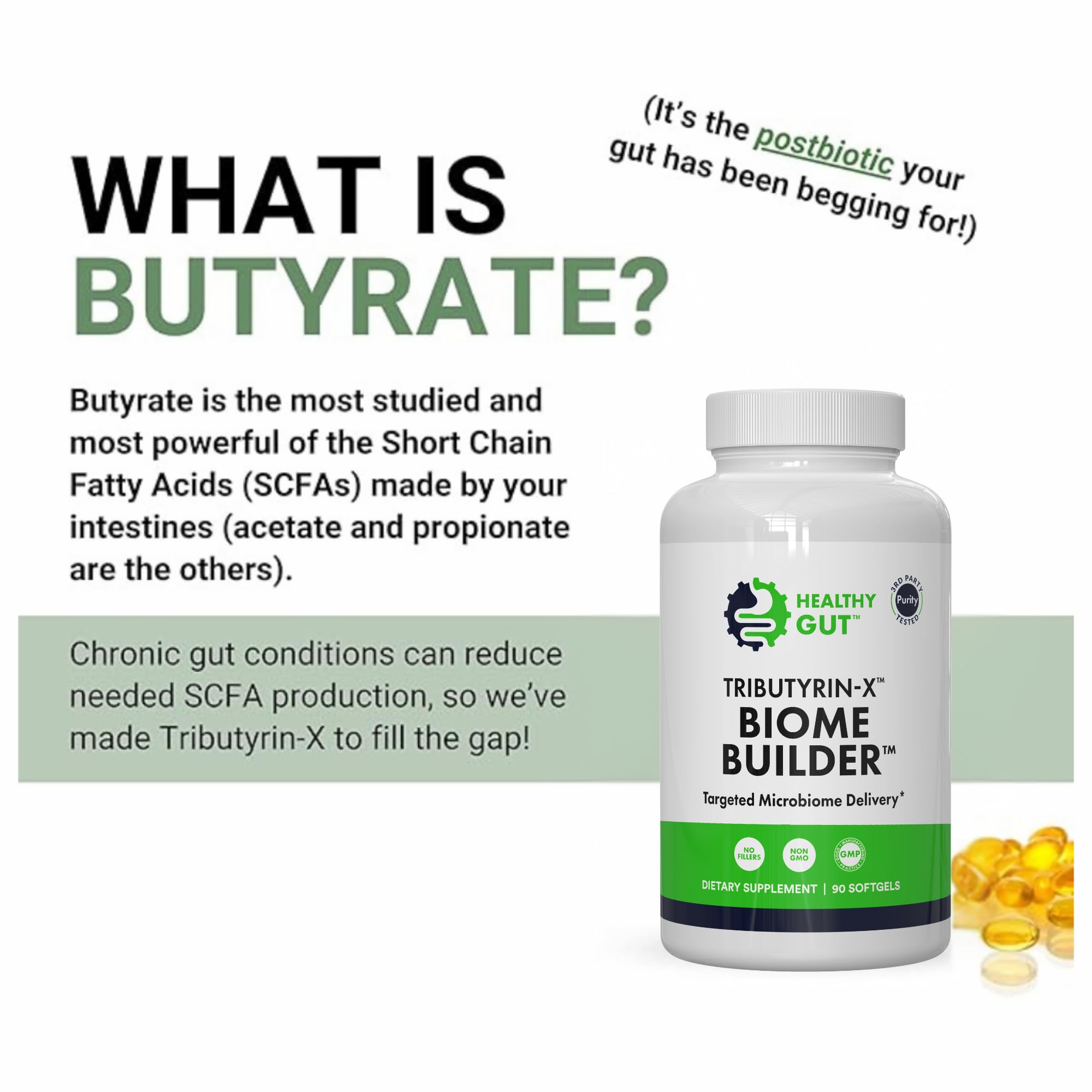 Healthy Gut Tributyrin-X label detail highlights 99.9% purity and odor-free design.
