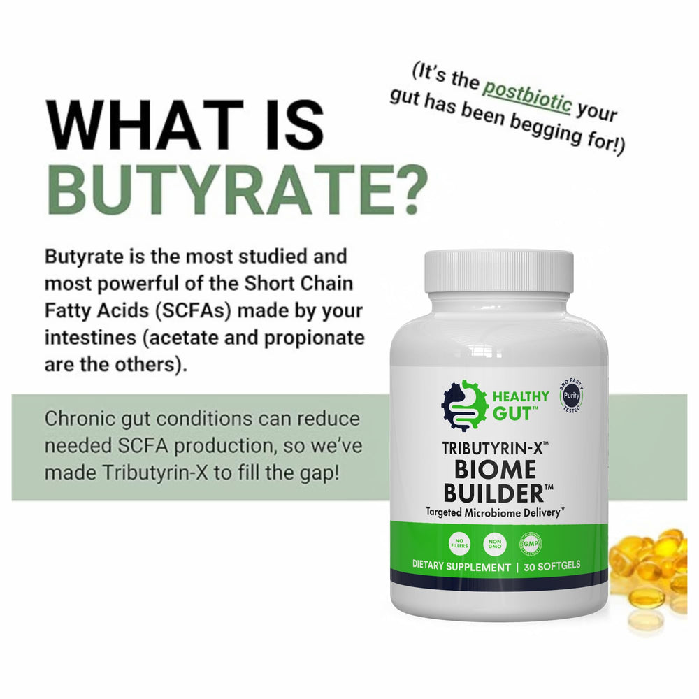 Healthy Gut Tributyrin-X odorless capsules for burp-free consumption.