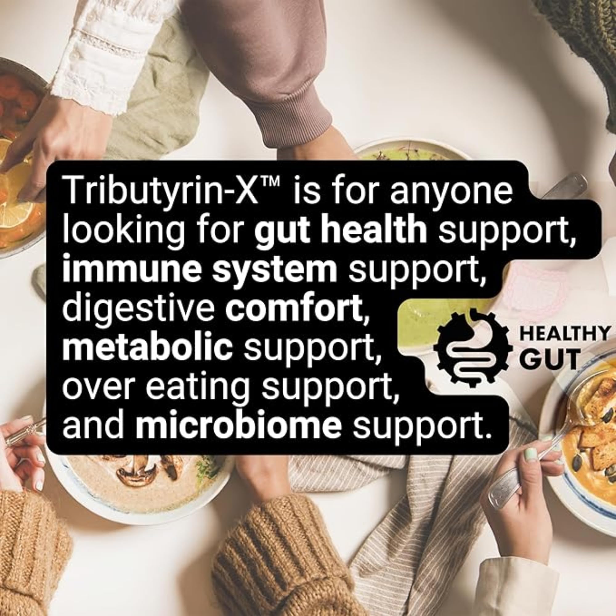 Healthy Gut Tributyrin-X packaging shown with clean professional branding.