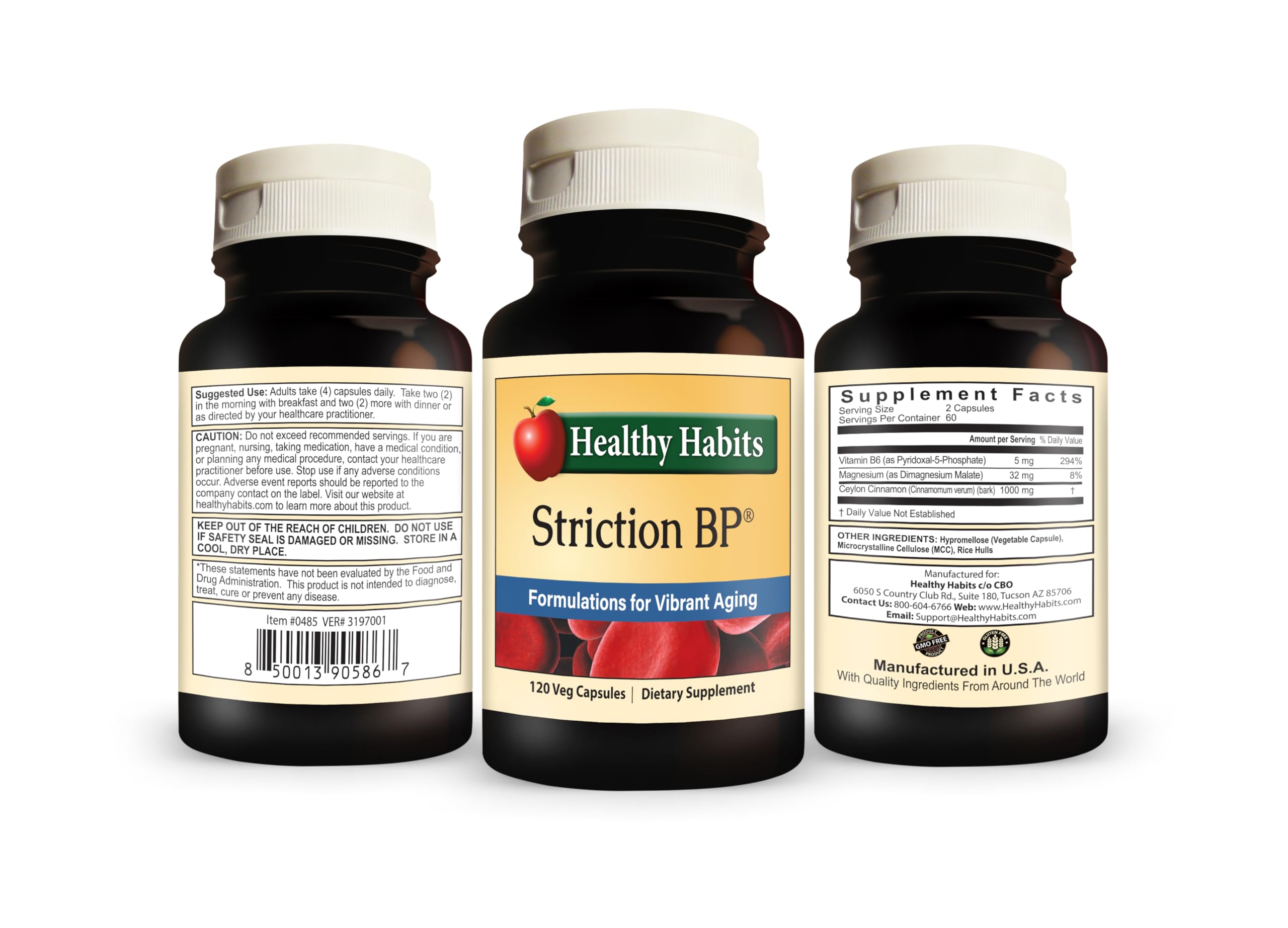 Healthy Habits StrictionBP bottle front view showing vegan capsules for daily use.