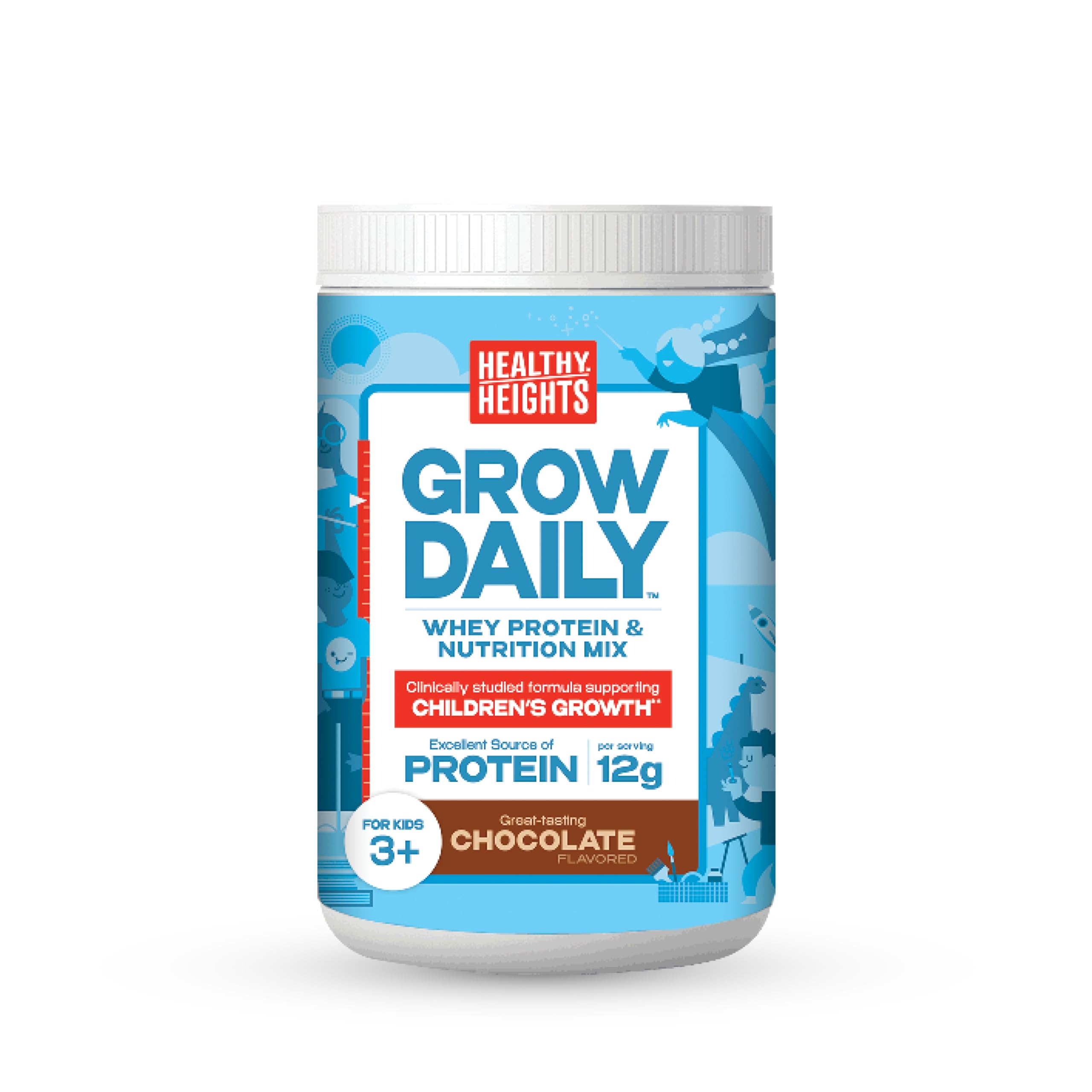 Healthy Heights Grow Daily chocolate canister highlighting kid-friendly protein support