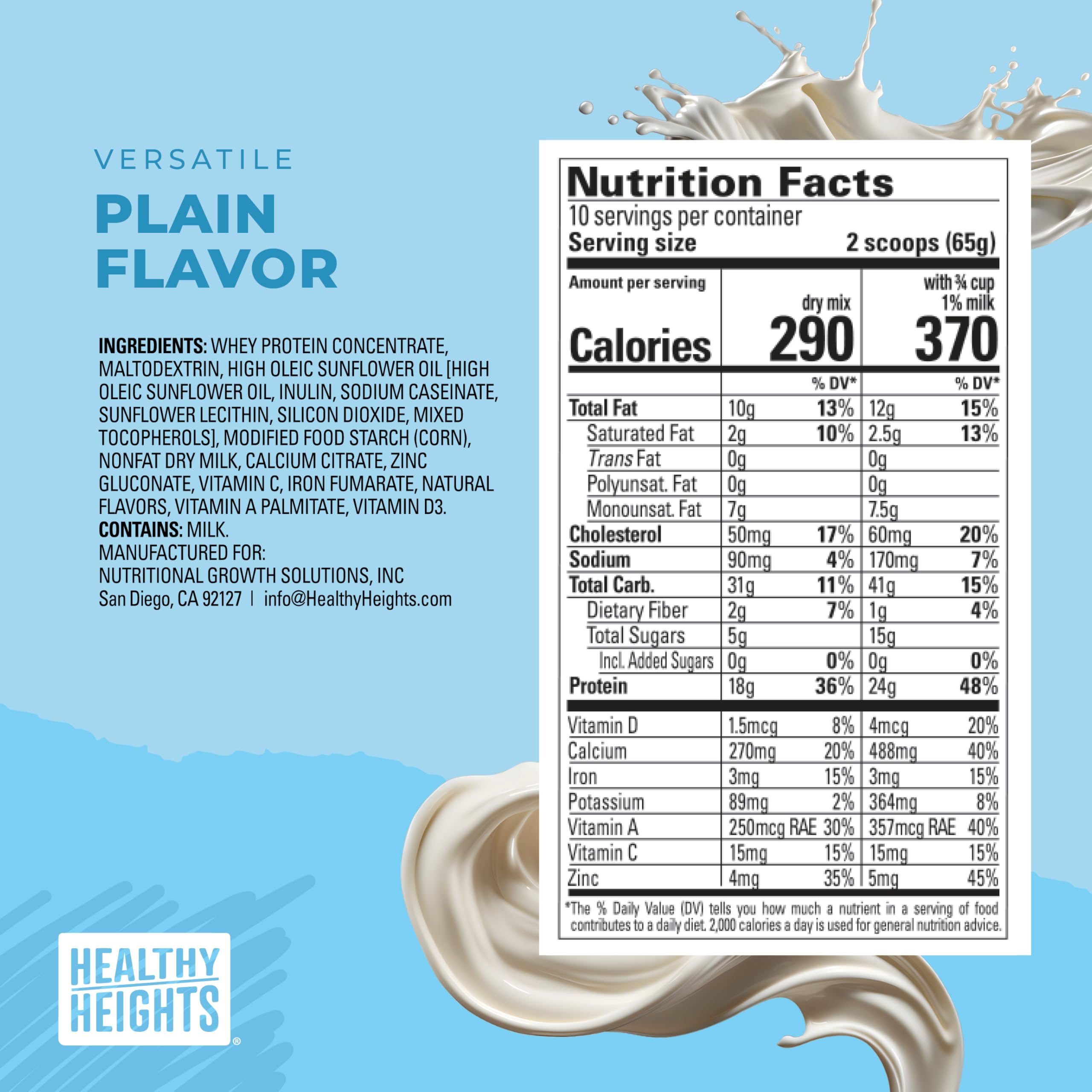Ingredient panel of Healthy Heights Grow Daily plain protein powder