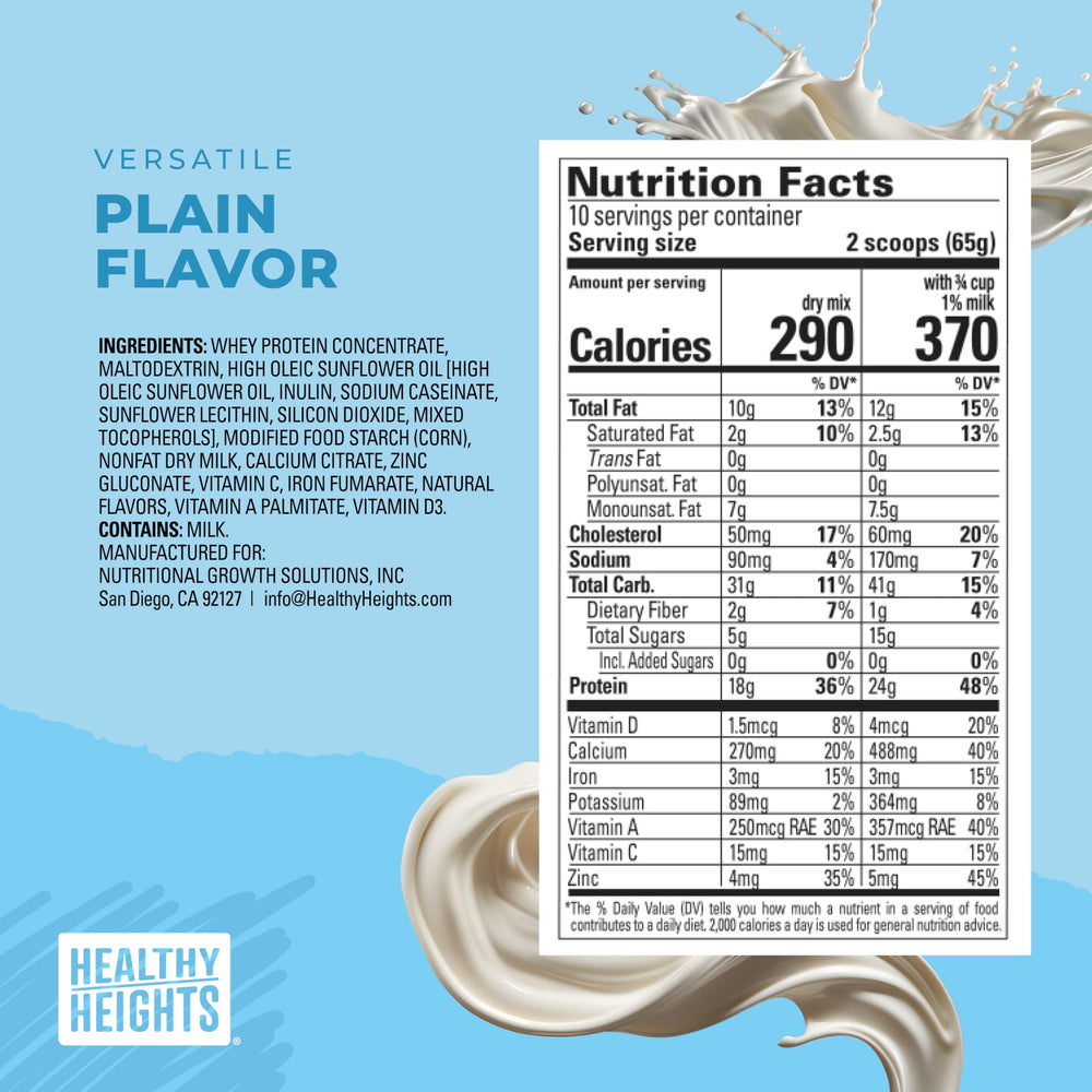 Ingredient panel of Healthy Heights Grow Daily plain protein powder