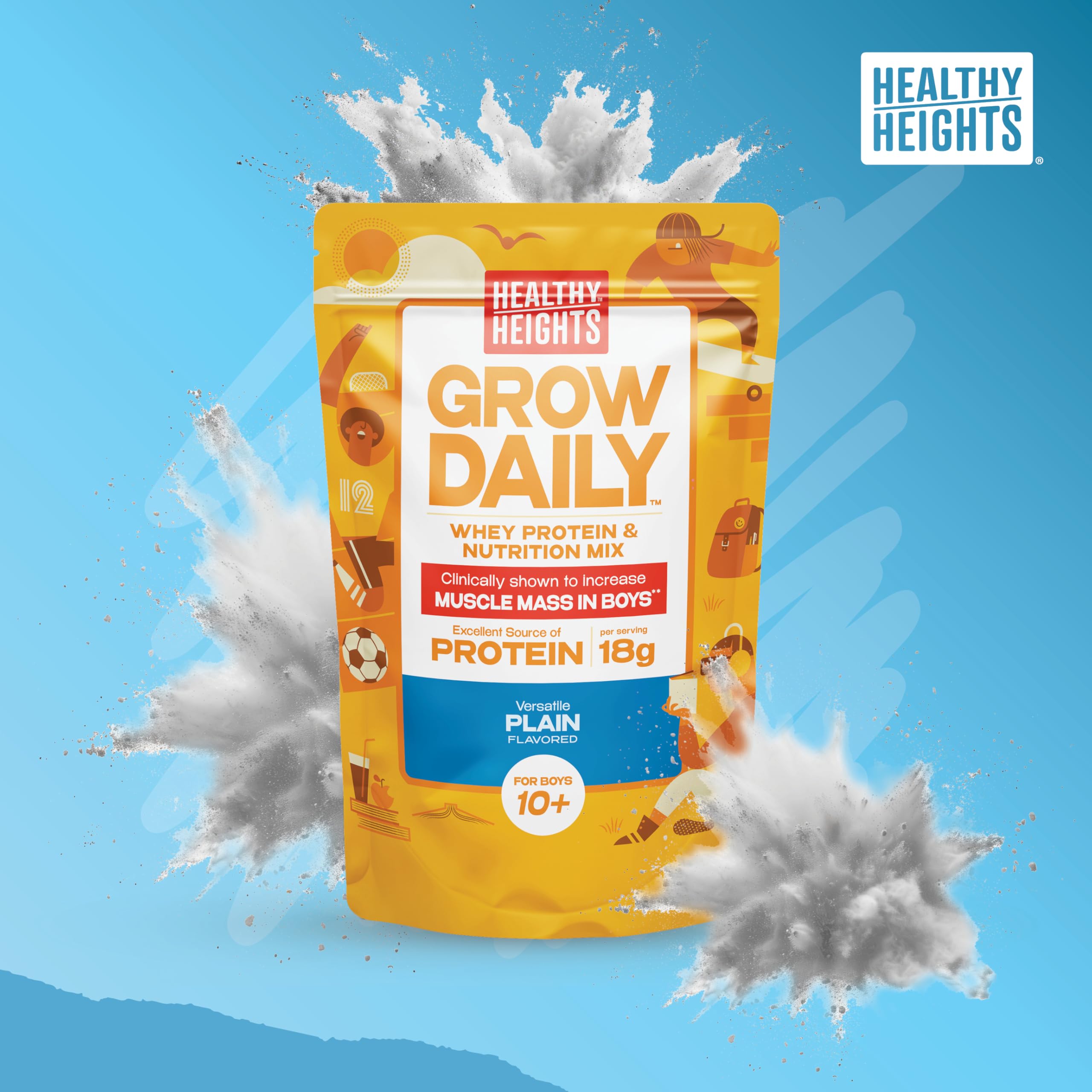 Healthy Heights Grow Daily label highlighting 18g whey protein per serving