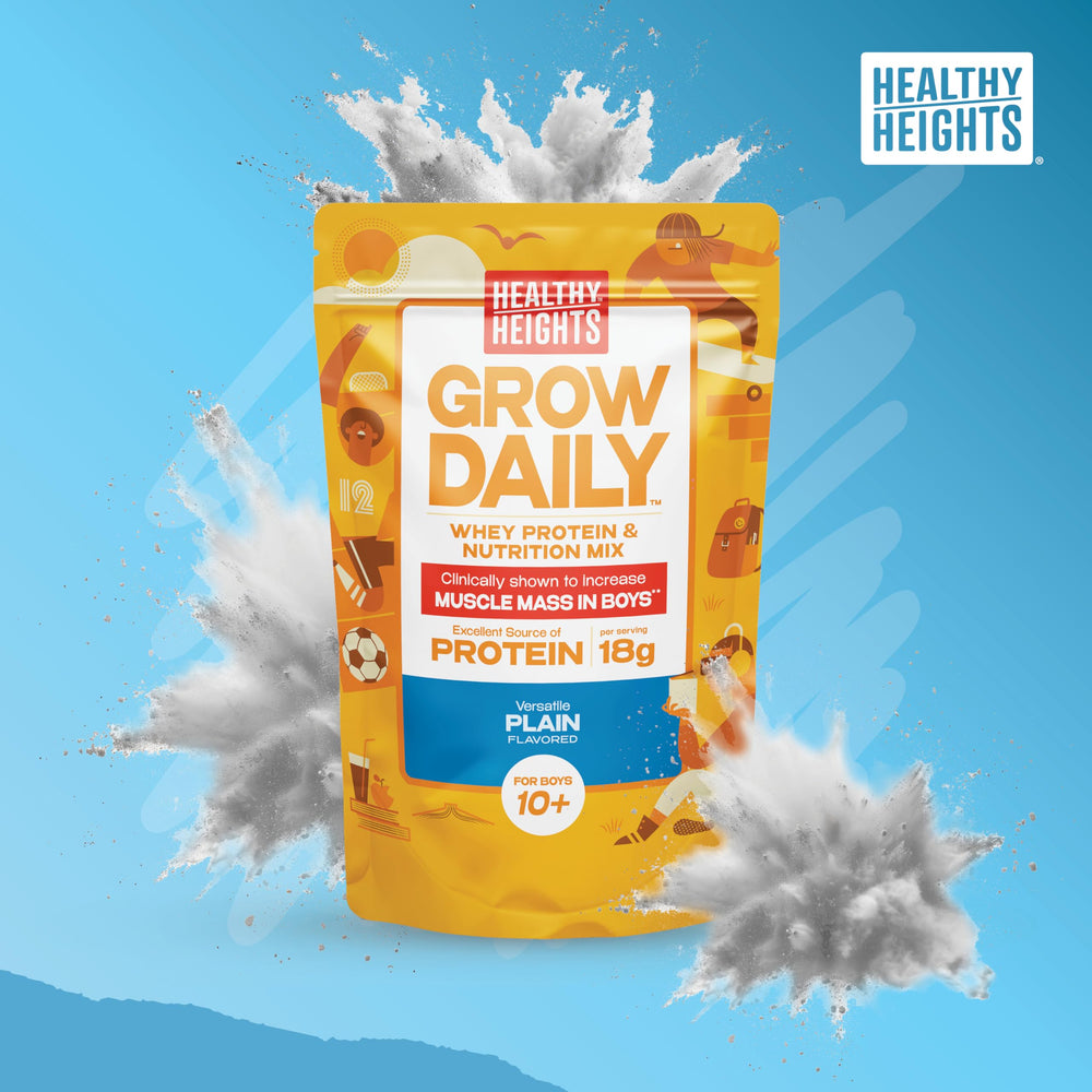 Healthy Heights Grow Daily label highlighting 18g whey protein per serving