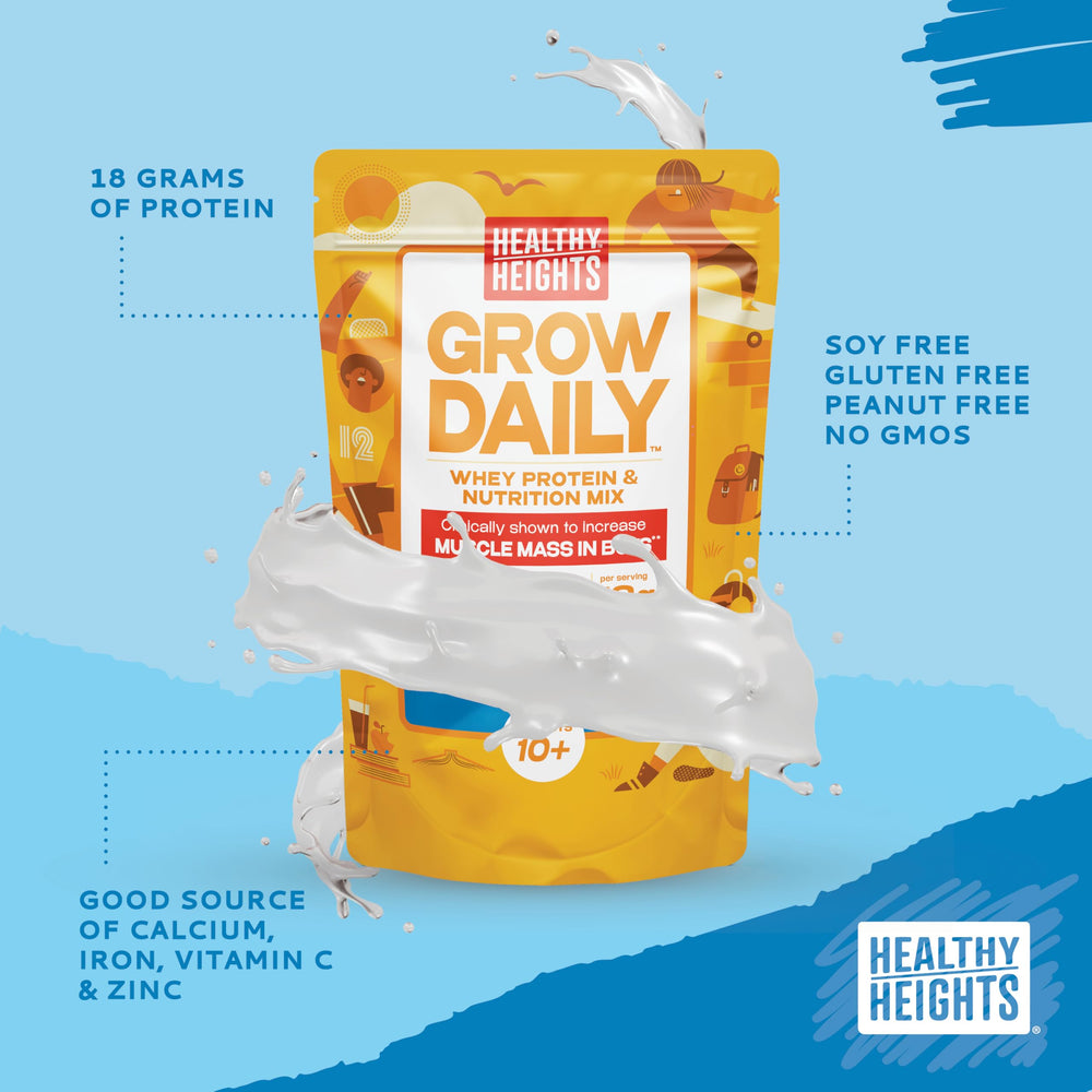 Pouring Healthy Heights Grow Daily plain protein powder into a shake