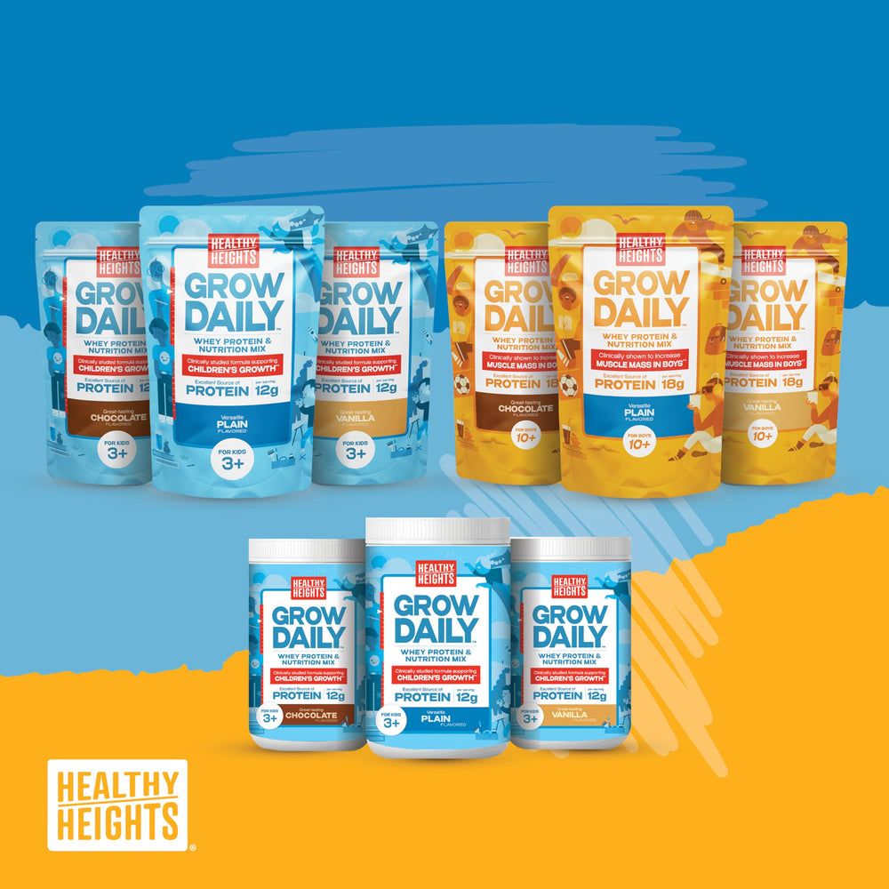 Healthy Heights Grow Daily protein powder blended into a smoothie