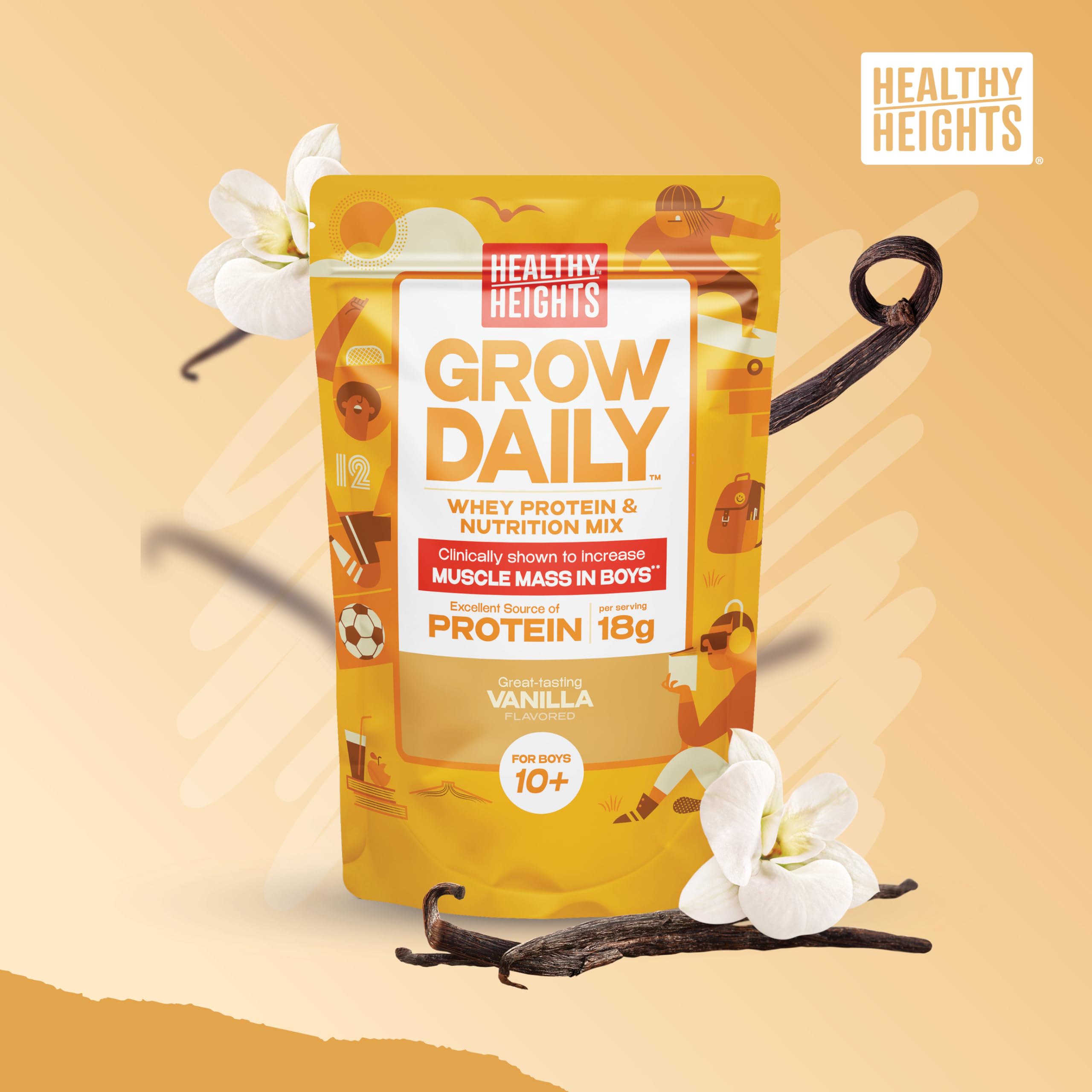 Healthy Heights Grow Daily pour of vanilla shake supports daily energy for boys.