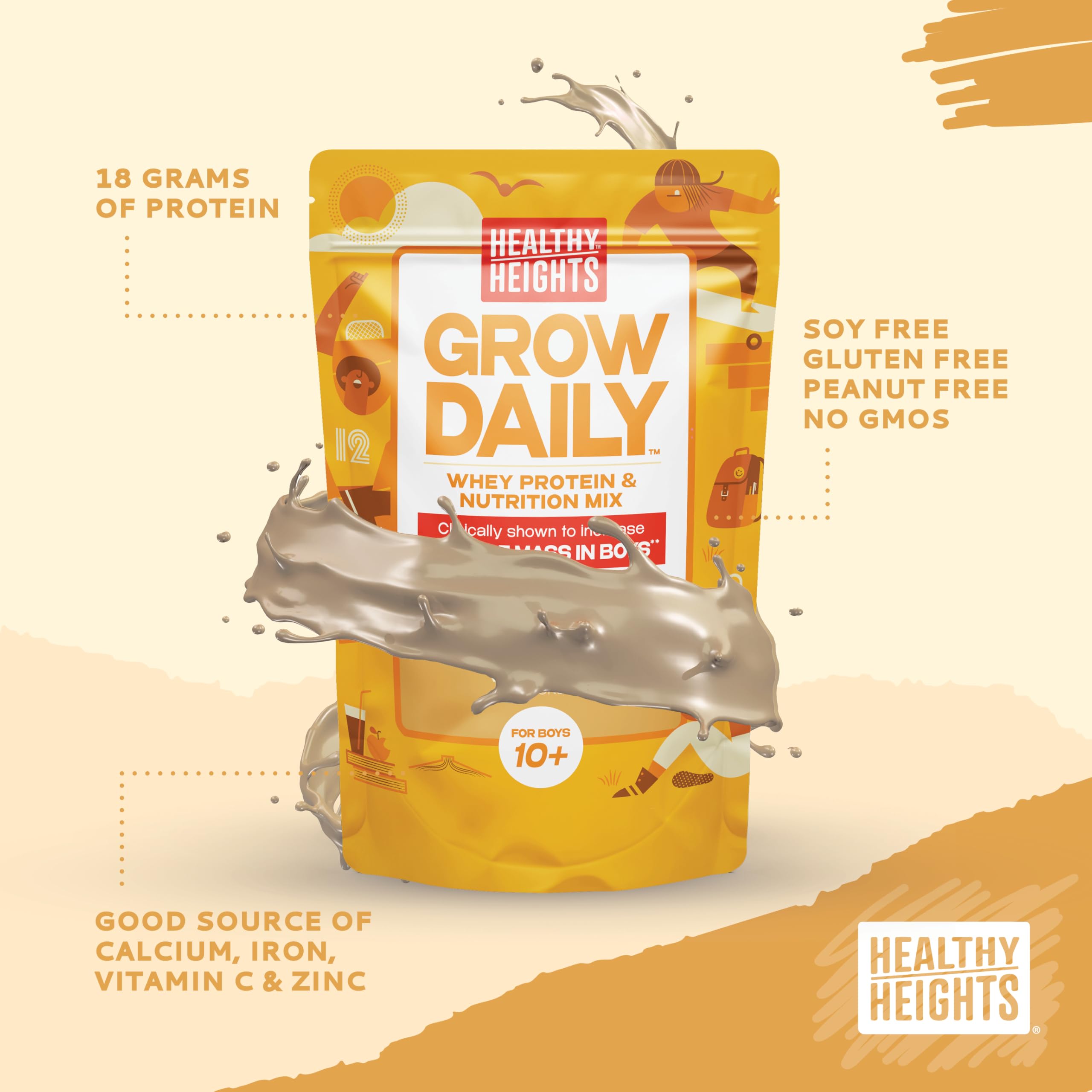 Healthy Heights Grow Daily vanilla powder being stirred into a milkshake.