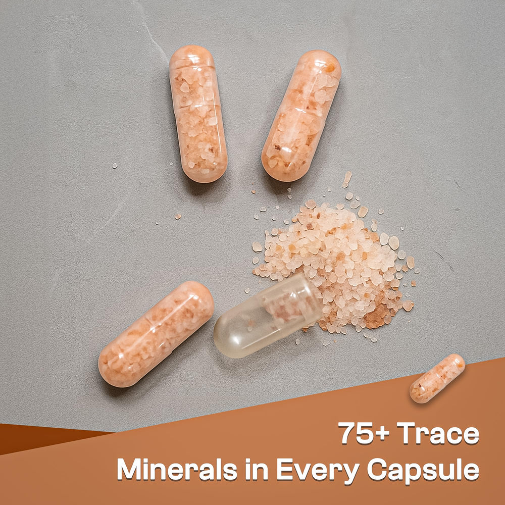 Healthy Life Herbs Pink Himalayan Salt Capsules closeup showing mineral-rich formula.