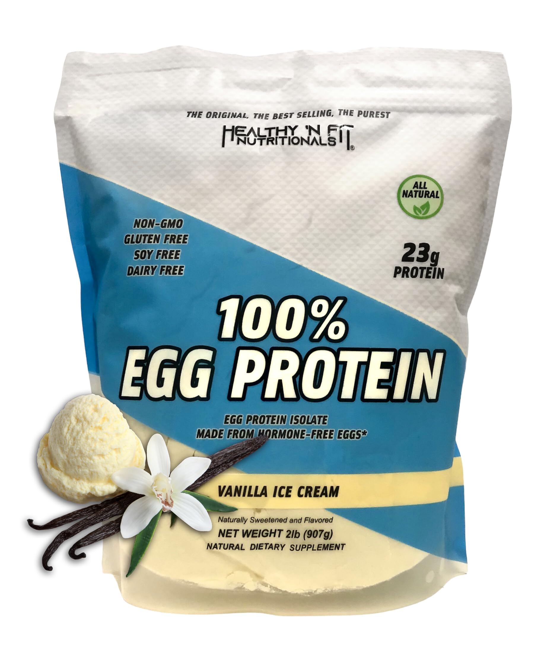 Healthy 'N Fit egg protein vanilla ice cream bottle — pure egg white protein, naturally flavored