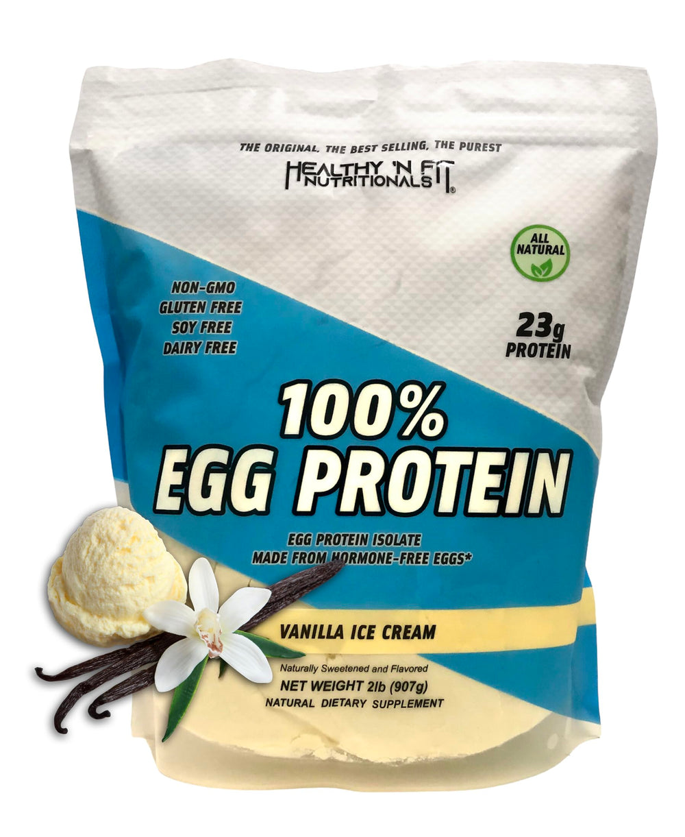 Healthy 'N Fit egg protein vanilla ice cream bottle — pure egg white protein, naturally flavored