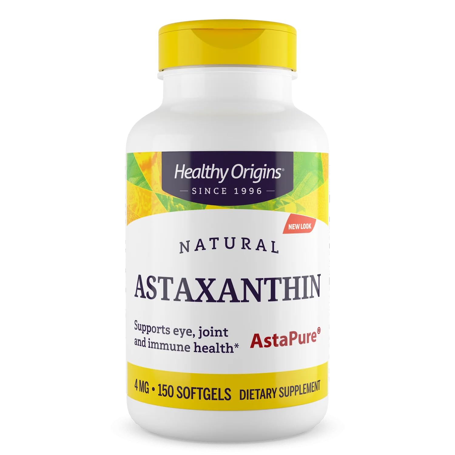 Healthy Origins Astaxanthin 4 mg bottle showing immune and eye health support.