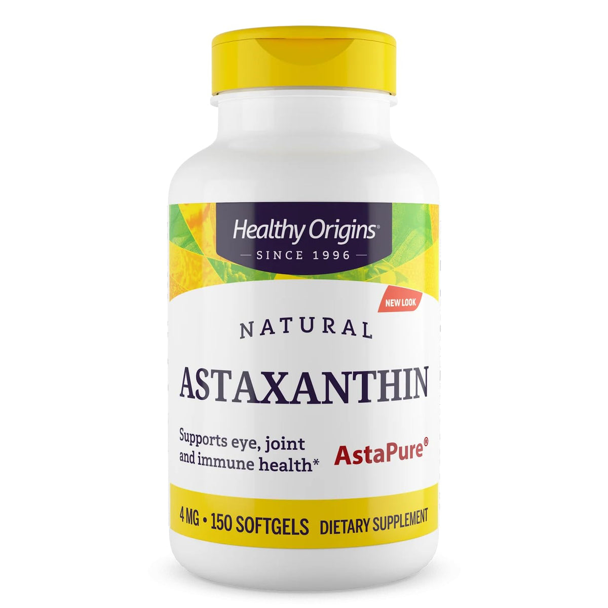 Healthy Origins Astaxanthin 4 mg bottle showing immune and eye health support.