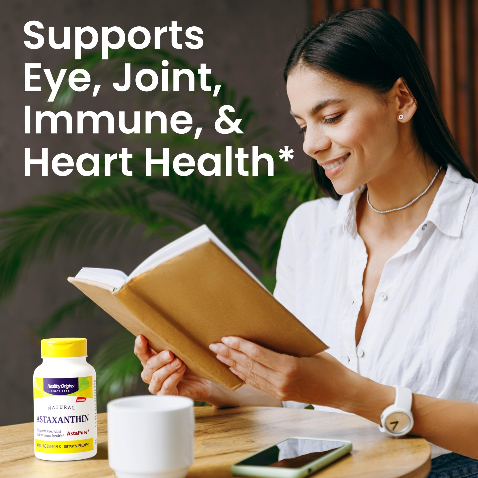 Healthy Origins Astaxanthin 4 mg label highlights natural ingredients and quality.