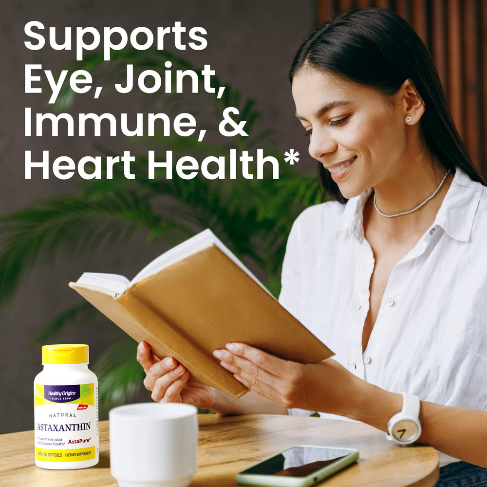 Healthy Origins Astaxanthin 4 mg label highlights natural ingredients and quality.