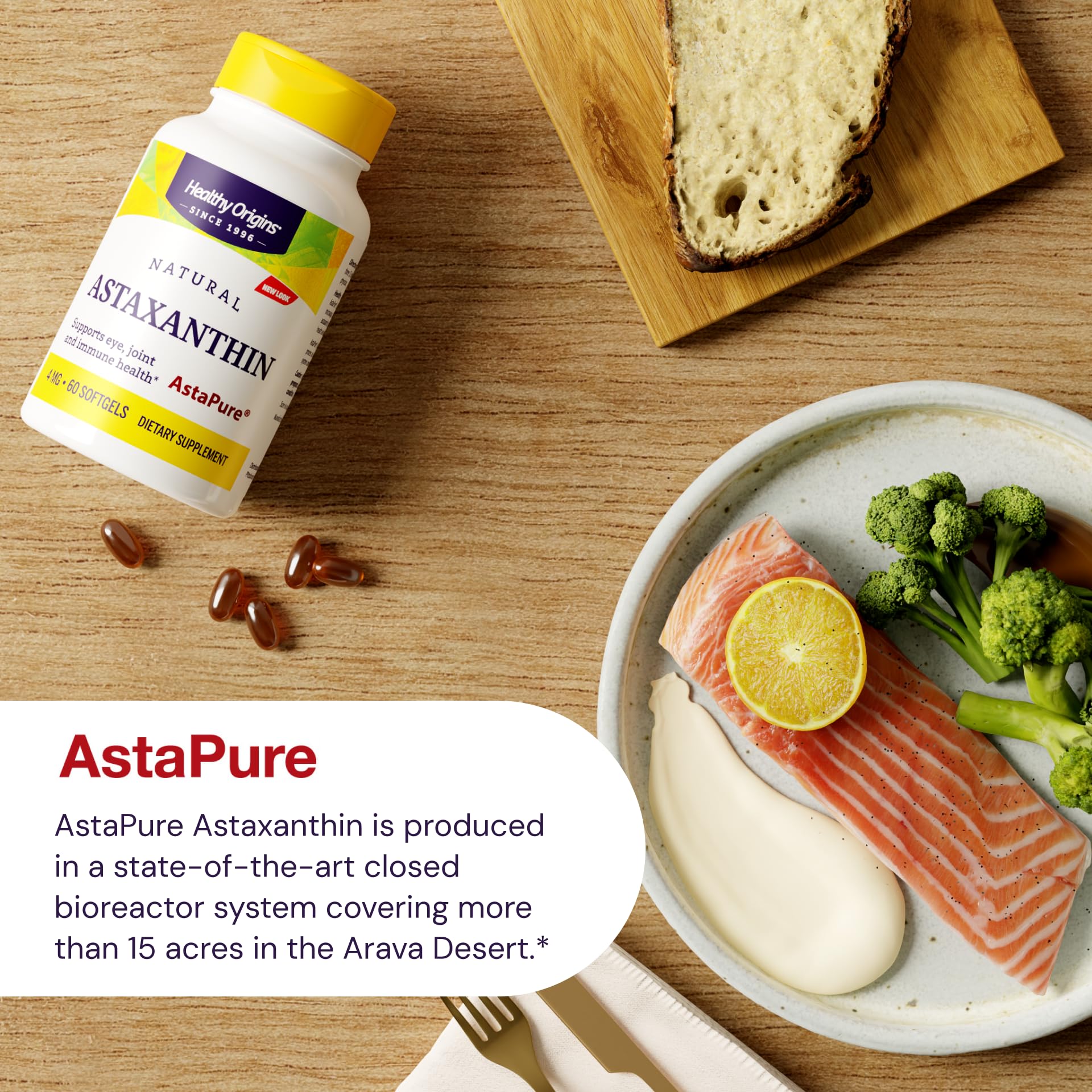 Healthy Origins Astaxanthin 4 mg softgel closeup reveals smooth, glossy capsules.